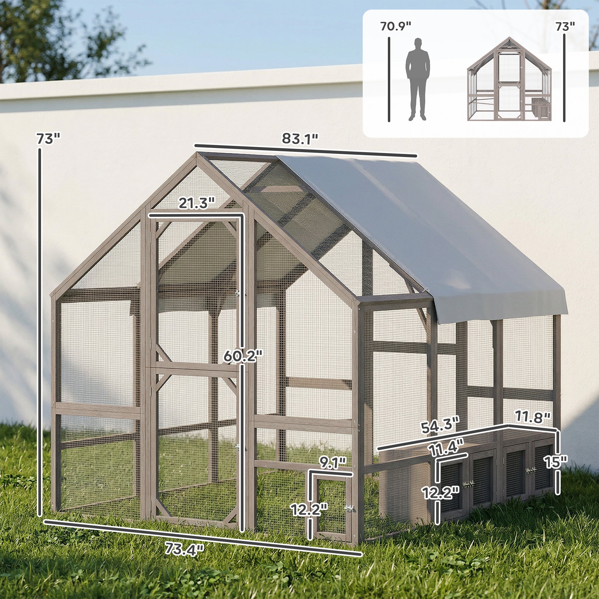 Large Wooden Chicken Coop for 8-10 Hens, Walk-in Chicken Run with Waterproof Cover, Nesting Boxes and Perches, Outdoor Poultry Cage Rabbit Hutch for Backyard, 83" x 73" x 73", Light Brown