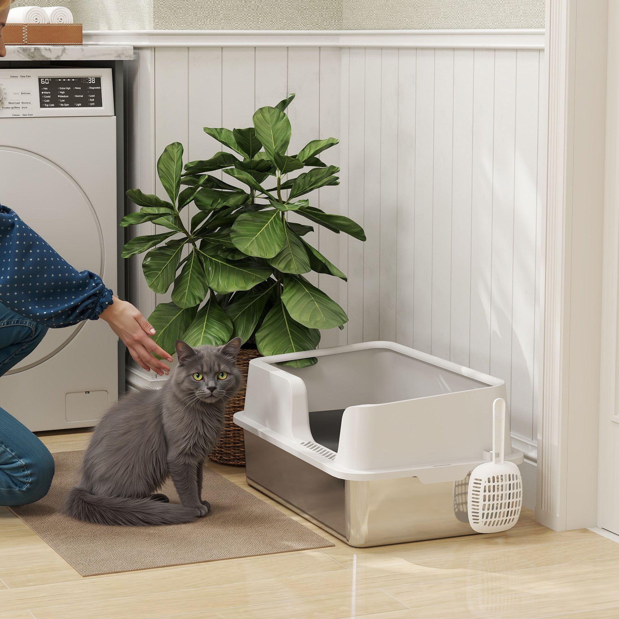 Stainless Steel Litter Box, High Sided Metal Cat Litter Tray with Detachable Rim, Scoop, Easy Cleaning, Odour-Resistant, 60 x 40 x 28 cm