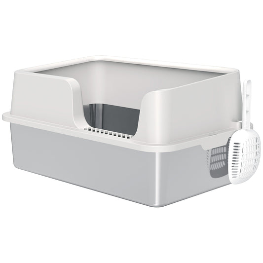 Stainless Steel Litter Box, High Sided Metal Cat Litter Tray with Detachable Rim, Scoop, Easy Cleaning, Odour-Resistant, 60 x 40 x 28 cm
