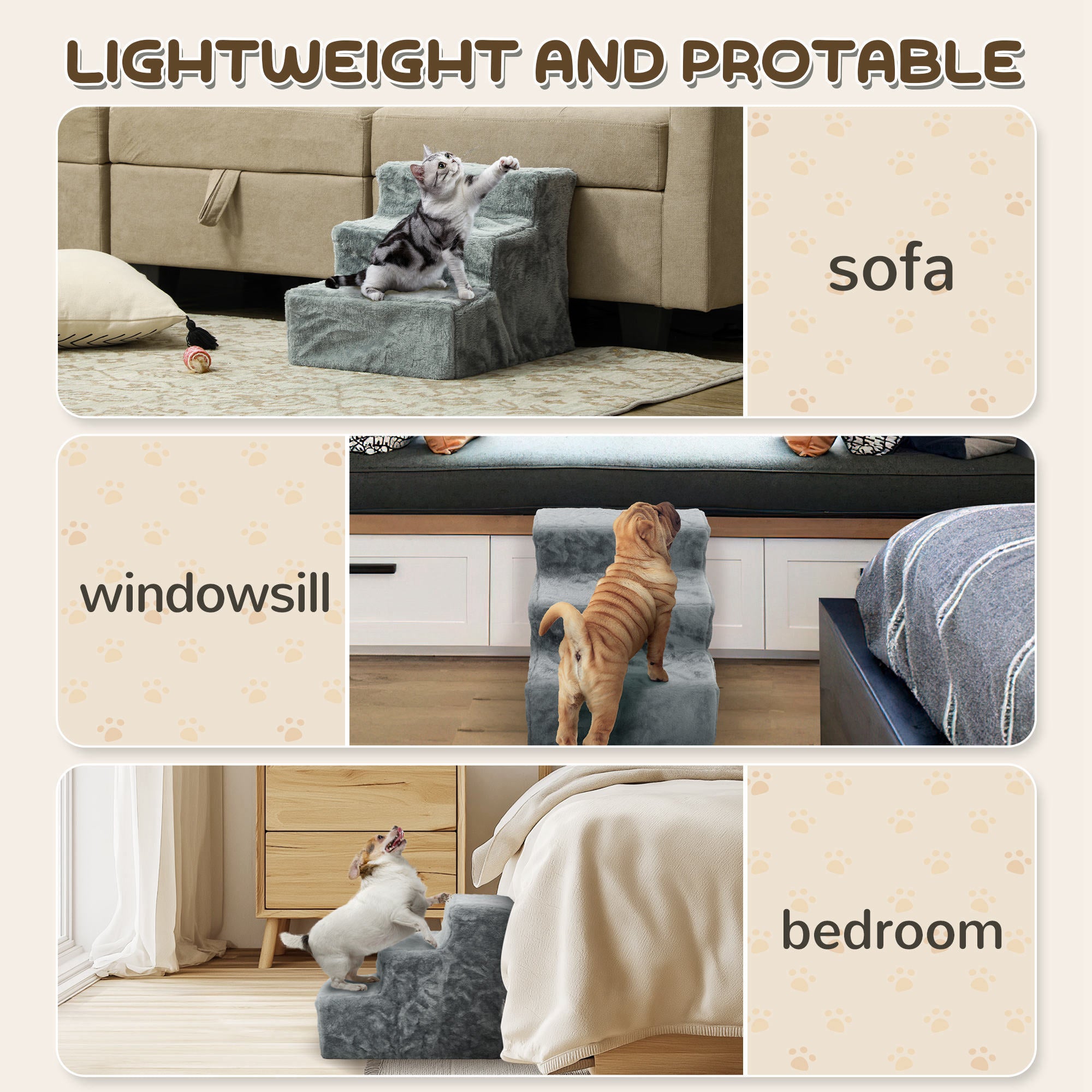 Dog Steps for Sofa, 3 Steps Dog Stairs, Pet Stairs, with Washable Plush Cover, for Small Breeds, Cats - Light Grey