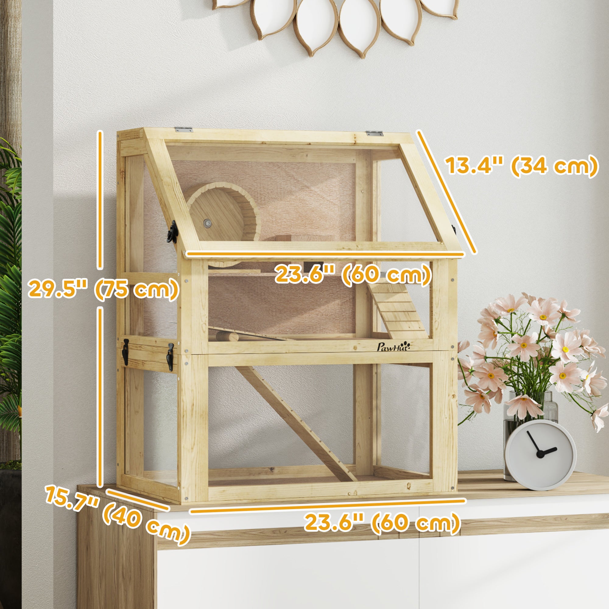 Wooden Hamster Cage, 3 Tier Gerbil Cage with Detachable 12.6" Deep Bottom, Hut, Seesaw, Exercise Wheel, Ramps, Small Animal Habitat for Dwarf, Rat, 24" x 16" x 29.5"