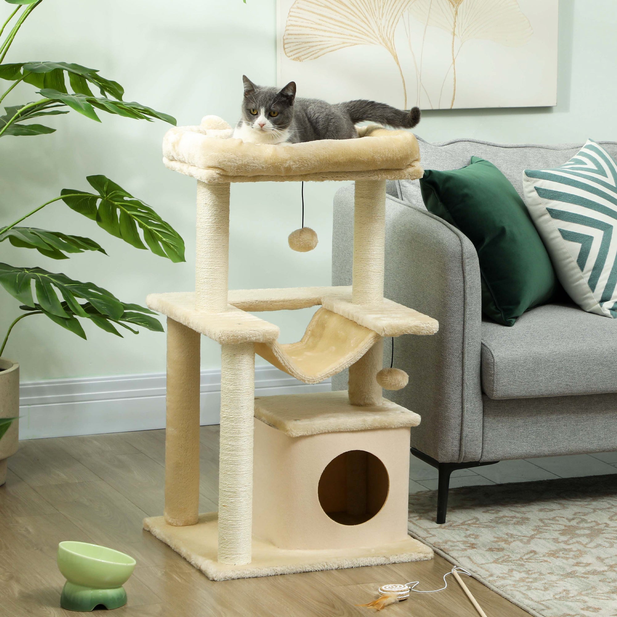 Cat Tree, 90cm Cat Tower with Sisal Scratching Posts, Cat Condo, Hammock, Top Perch and 2 Hanging Toys for Indoor Cats, Beige