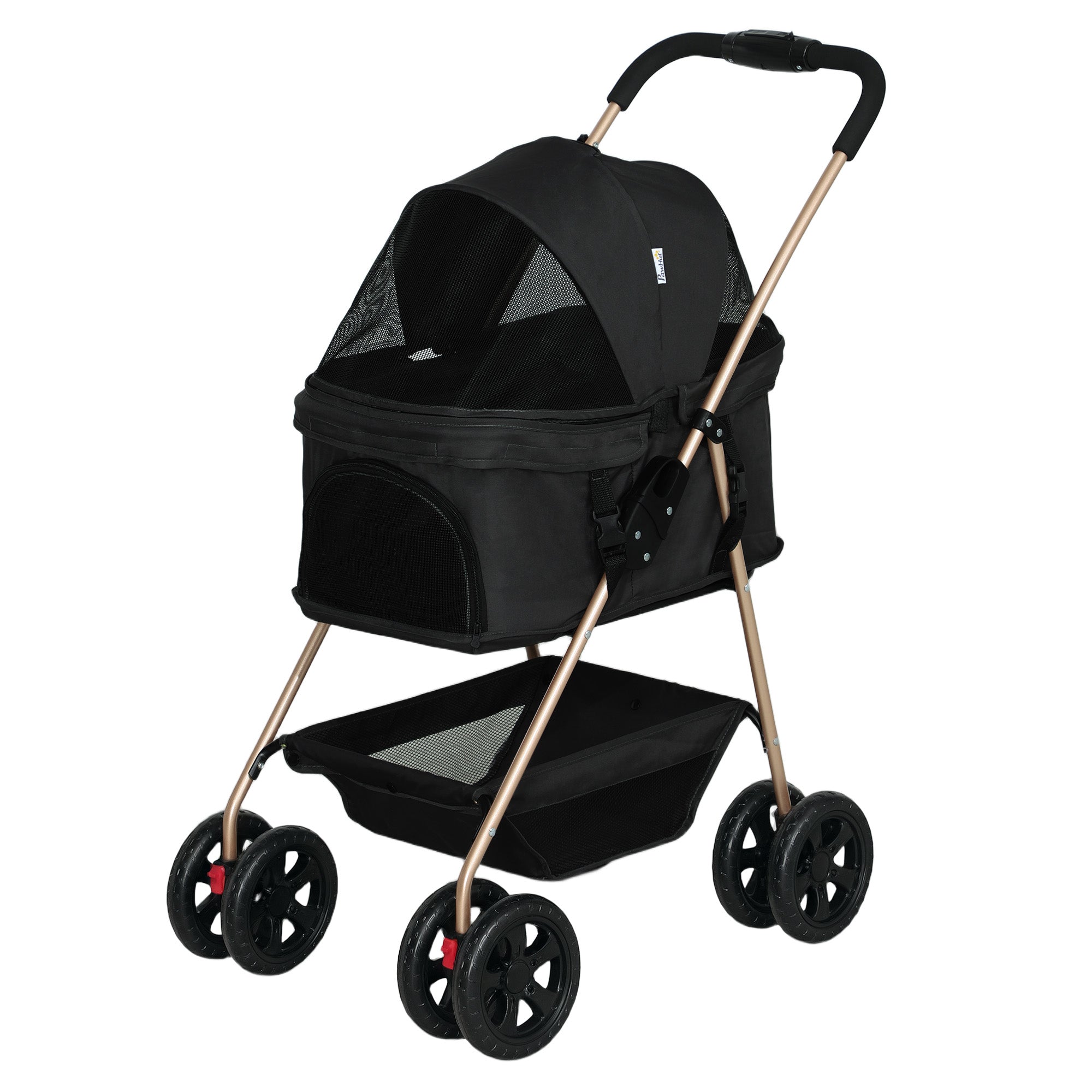Pet Stroller, 3 in 1 Folding Dog Stroller Pram w/ 4 Wheels, Detachable Carrier, Storage Basket, Cup Holder, Safety Leashes, for Mini Dogs, Cats, Black