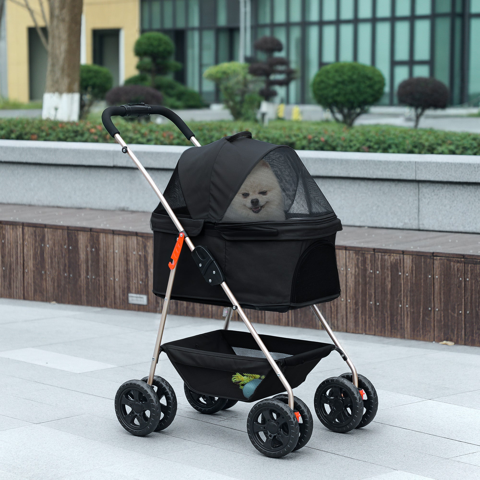 Pet Stroller, 3 in 1 Folding Dog Stroller Pram w/ 4 Wheels, Detachable Carrier, Storage Basket, Cup Holder, Safety Leashes, for Mini Dogs, Cats, Black
