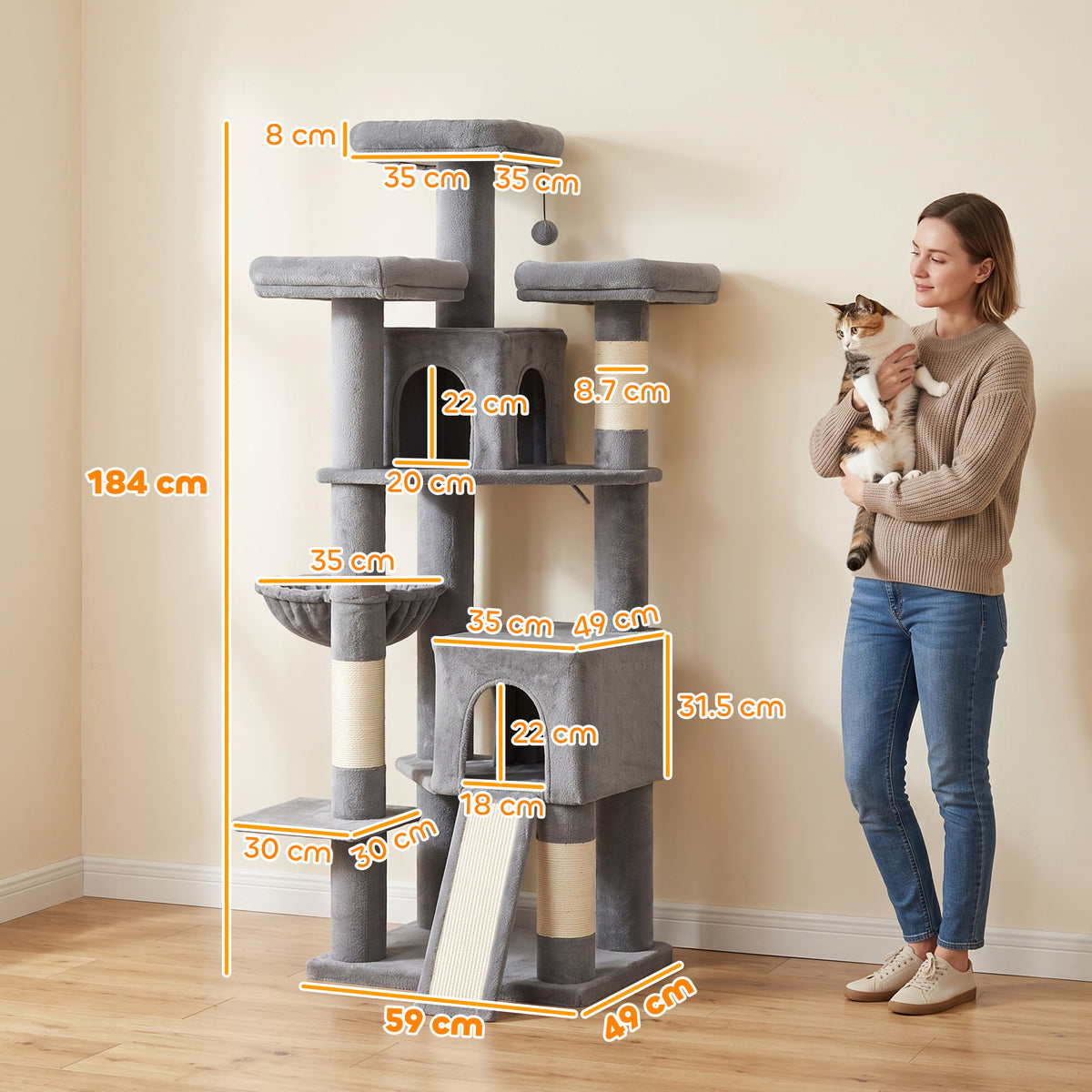 184cm Large Cat Tree for Indoor Cats, Multi-Level Tall Kitty Tower with 3 Scratching Posts, 2 Condos, 3 Padded Beds, Hammock, Ladder, for Small to Large Kittens, Dark Grey