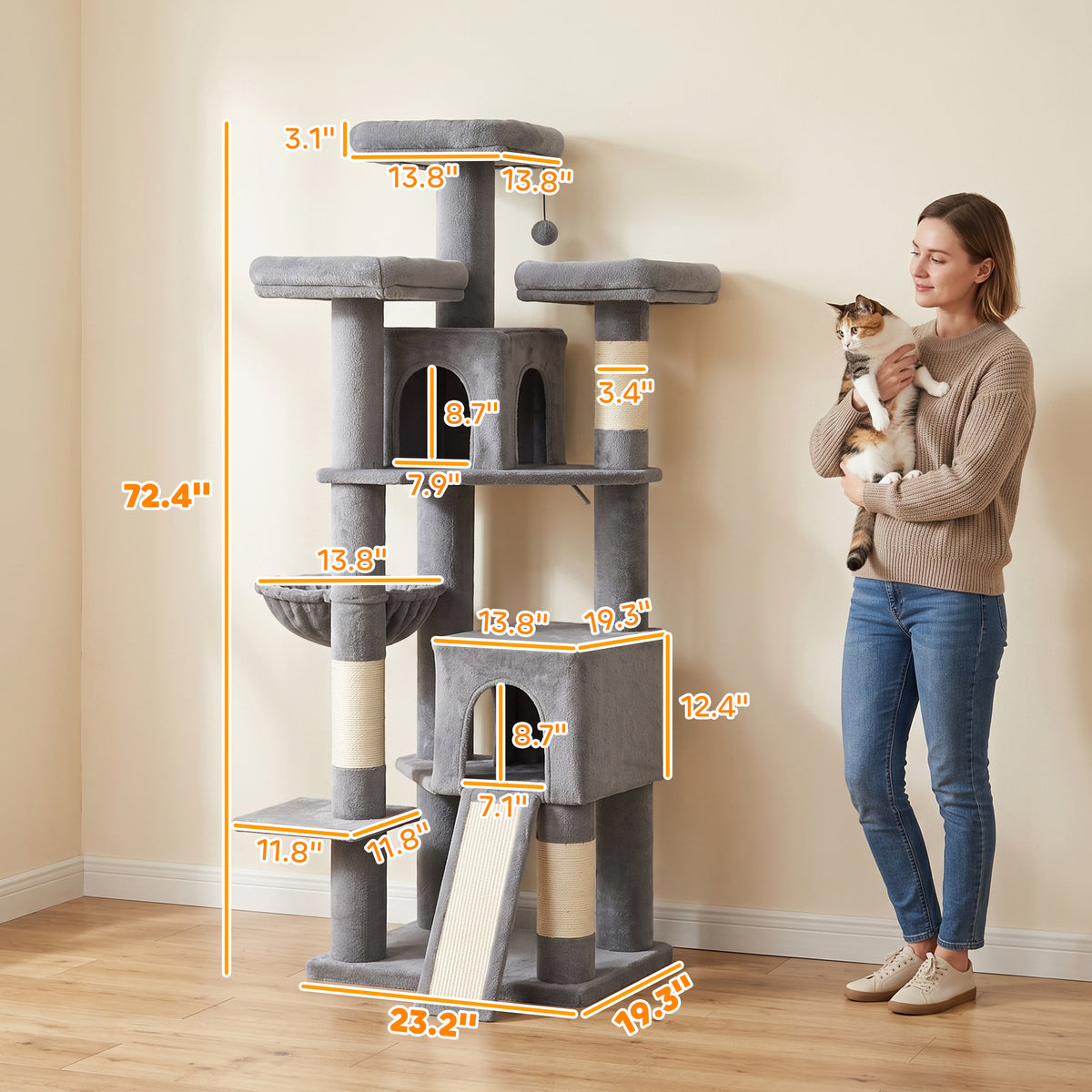 72" Cat Tree, Large Cat Tower with 2 Condos, 3 Padded Beds, Hammock, 3 Scratching Posts and Ladder, Multi-Level Tall Kitty Condo for Indoor Kittens, Dark Gray