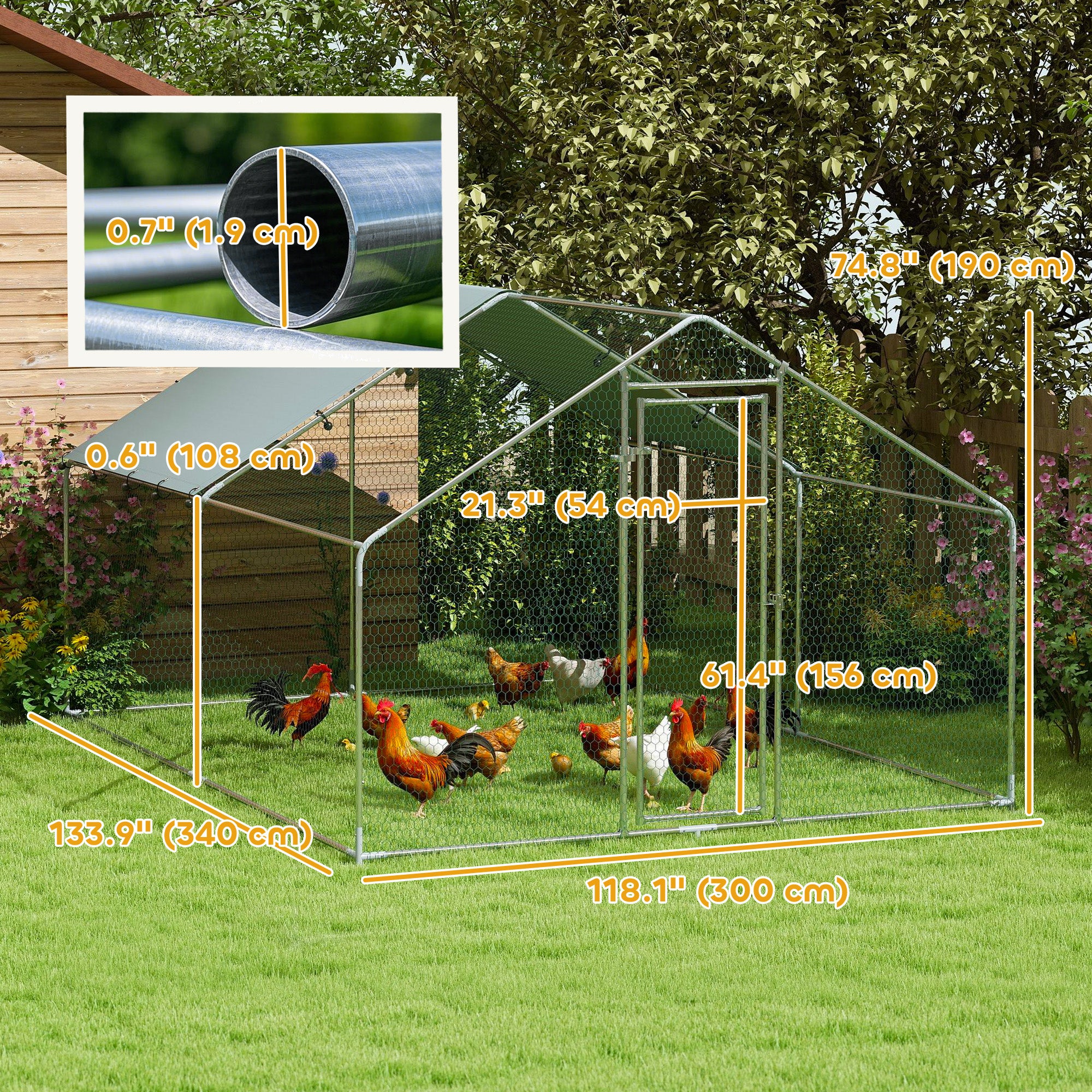 Metal Chicken Coop, 9.8 x 11.2 FT Walk-in Chicken Run with Weatherproof UV Cover, Lockable Door, Large Outdoor Poultry Cage for 10-15 Chickens, for Farm Yard Garden, Silver