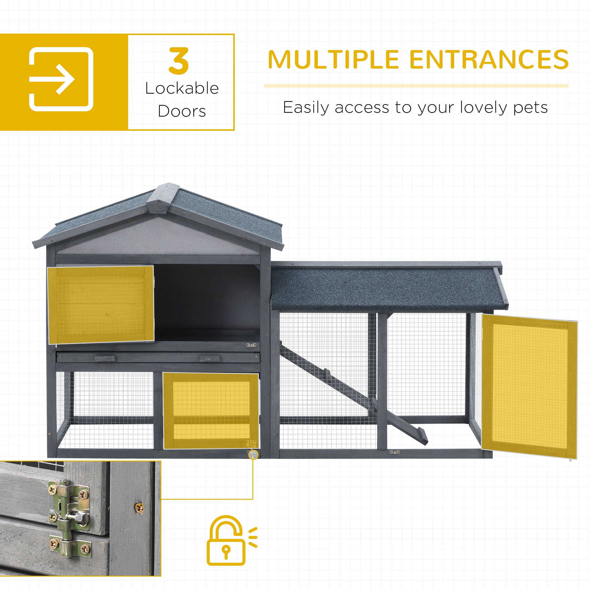 PawHut 58" Rabbit Hutch, Wooden Bunny Hutch, Guinea Pig Cage, Small Animal Enclosure with Run Area, Removable Tray, Asphalt Roof, Lockable Doors and Ramp, Dark Gray