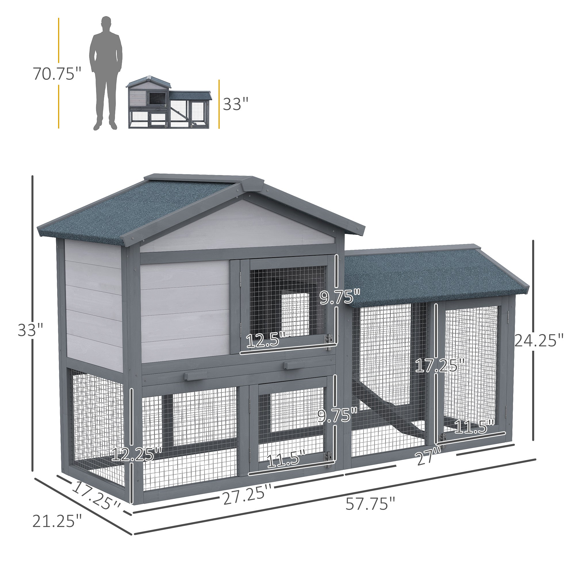 PawHut 58" Rabbit Hutch, Wooden Bunny Hutch, Guinea Pig Cage, Small Animal Enclosure with Run Area, Removable Tray, Asphalt Roof, Lockable Doors and Ramp, Dark Gray