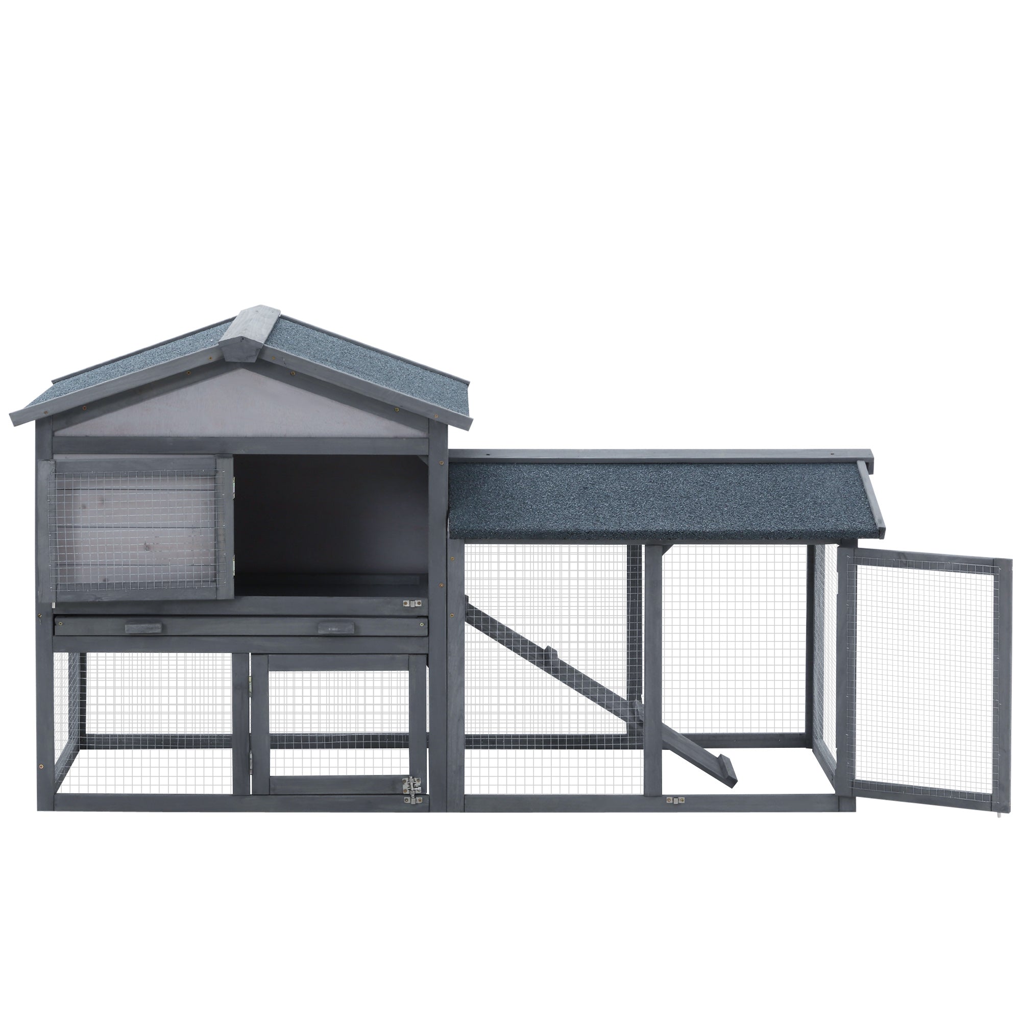 PawHut 58" Rabbit Hutch, Wooden Bunny Hutch, Guinea Pig Cage, Small Animal Enclosure with Run Area, Removable Tray, Asphalt Roof, Lockable Doors and Ramp, Dark Gray