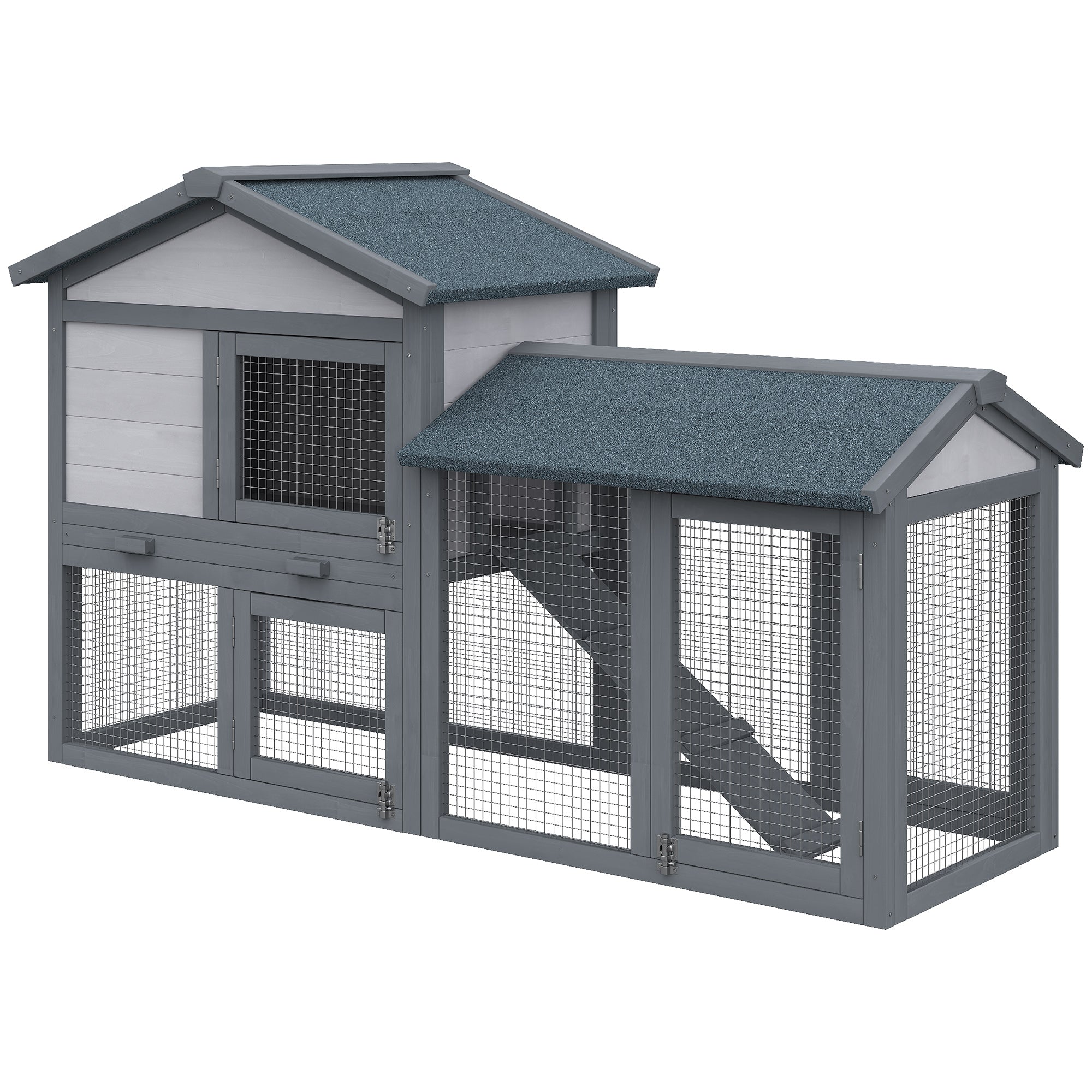 PawHut 58" Rabbit Hutch, Wooden Bunny Hutch, Guinea Pig Cage, Small Animal Enclosure with Run Area, Removable Tray, Asphalt Roof, Lockable Doors and Ramp, Dark Gray