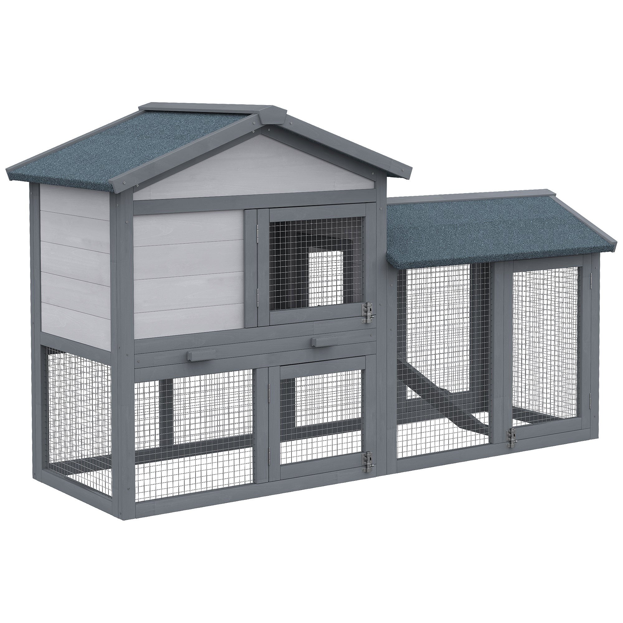 PawHut 58" Rabbit Hutch, Wooden Bunny Hutch, Guinea Pig Cage, Small Animal Enclosure with Run Area, Removable Tray, Asphalt Roof, Lockable Doors and Ramp, Dark Gray