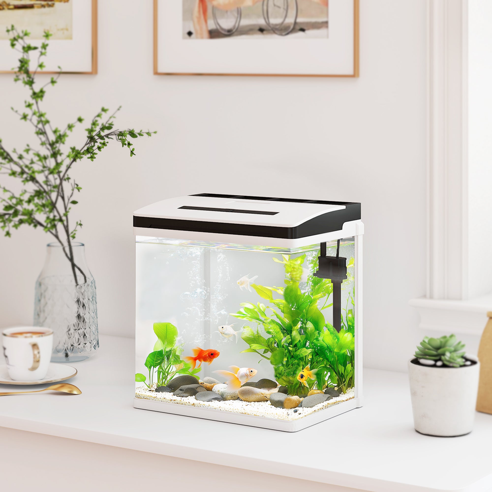Aquarium, 13L Glass Fish Tank with Filter, LED Lighting, Water Pump, for Bettas, Guppies, Mini Parrot Fishes, Shrimp, Goldfish, 29 x 20 x 30.5cm
