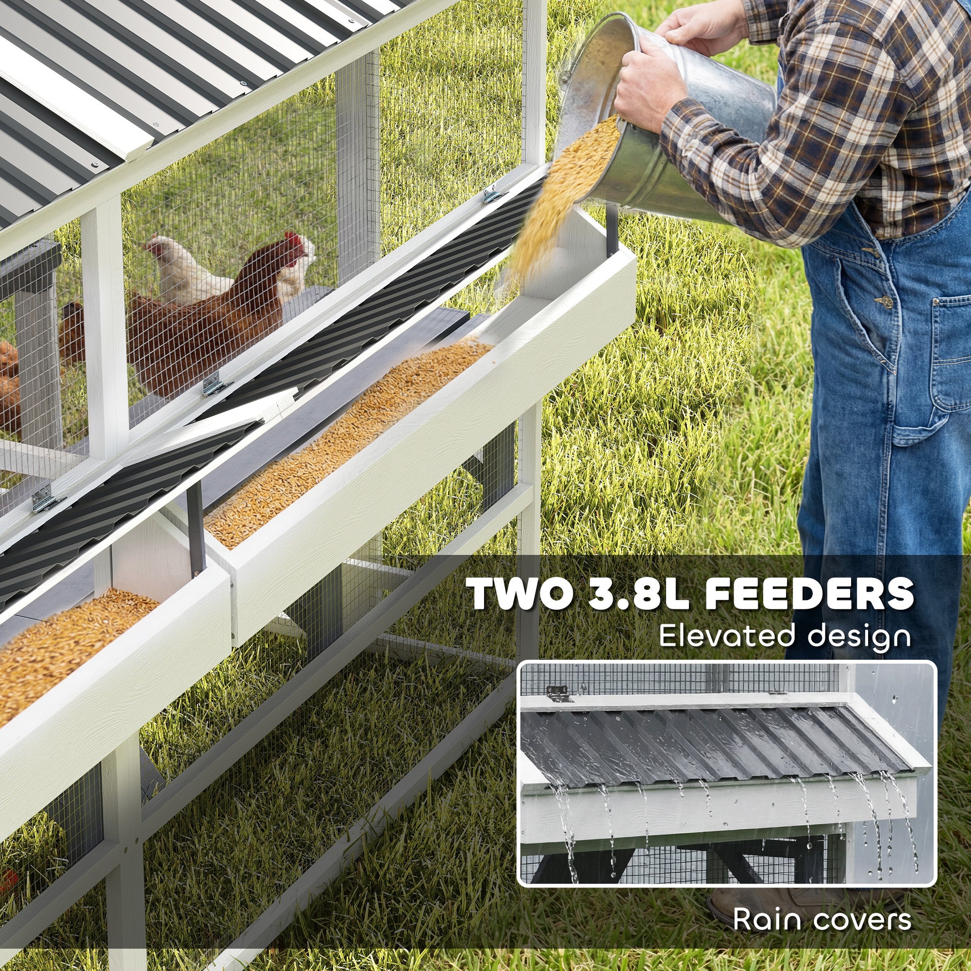 Wooden Chicken Coop, Large Outdoor Hen House with 2 Feeders, 2 Nesting Boxes, 2 Roosting Bars, Ramps, Waterproof Roof, Poultry Cage for 6-8 Chickens, 95" x 69" x 59"