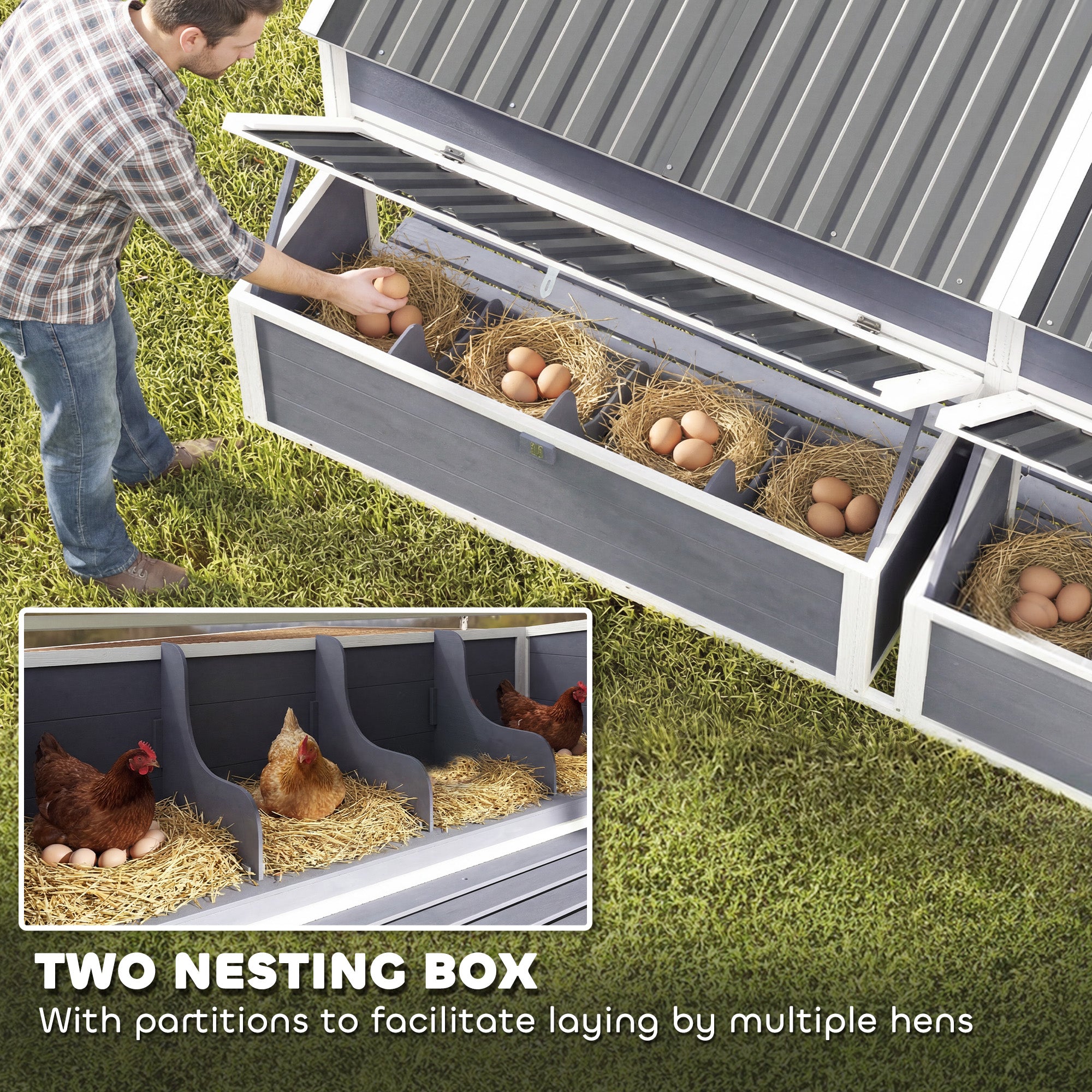 Wooden Chicken Coop, Large Outdoor Hen House with 2 Feeders, 2 Nesting Boxes, 2 Roosting Bars, Ramps, Waterproof Roof, Poultry Cage for 6-8 Chickens, 95" x 69" x 59"