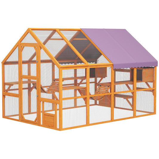 Catio Outdoor Cat Enclosure Wooden Feral House with Weatherproof Canopy, Bridges, Resting Boxes, Platforms, for 3-6 Cats, Orange