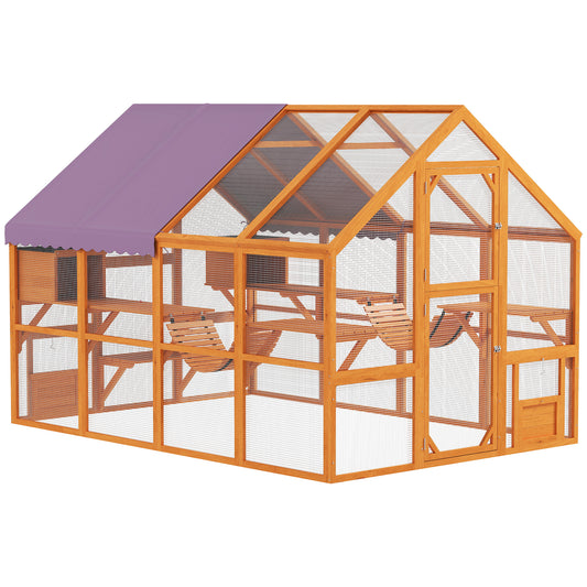 Catio Outdoor Cat Enclosure Wooden Feral House with Weatherproof Canopy, Bridges, Resting Boxes, Platforms, for 3-6 Cats, Orange