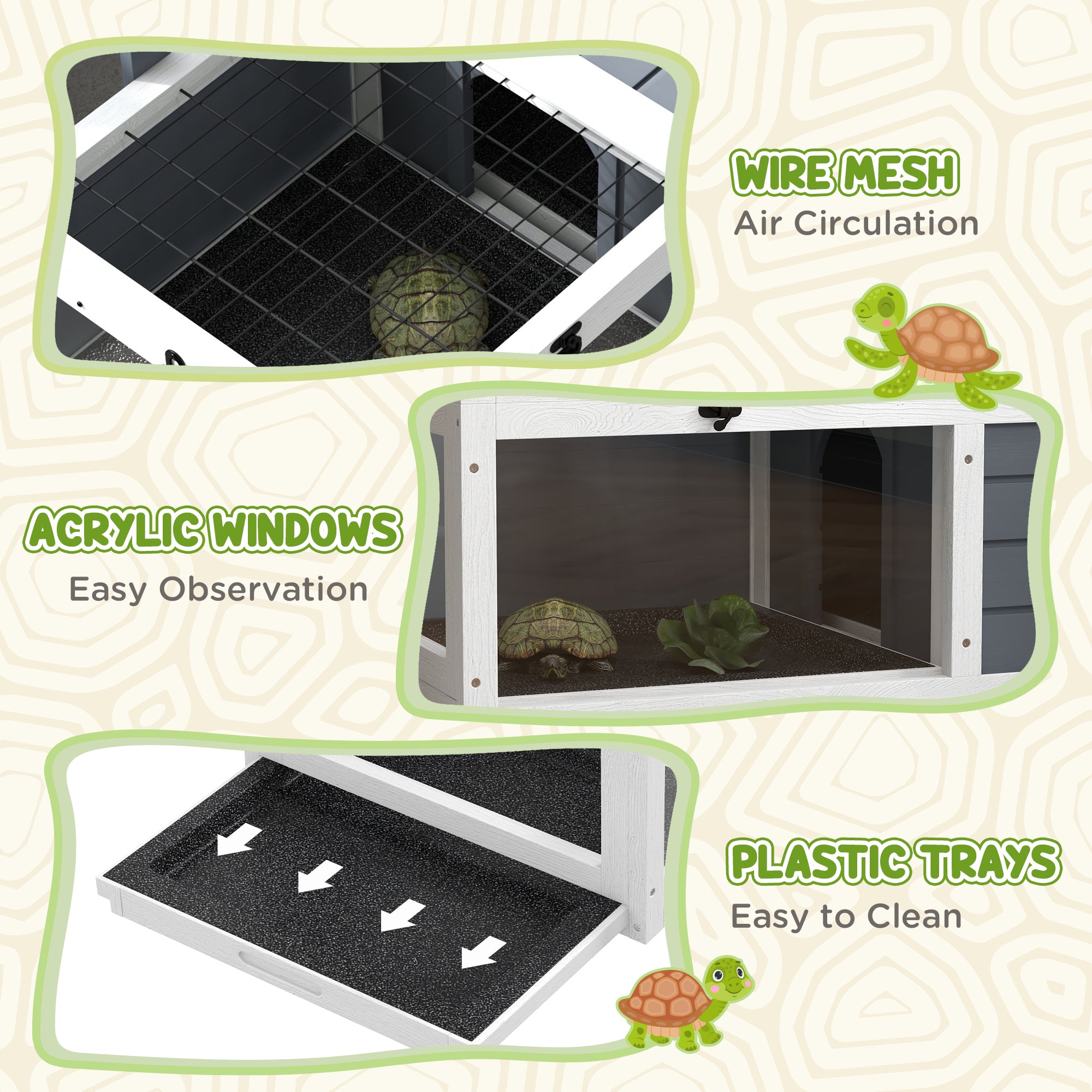 PawHut Tortoise House, Wooden Enclosure with Lamp Holder, Pull-Out Trays, Openable Lids, Gray, image size:2000x2000
