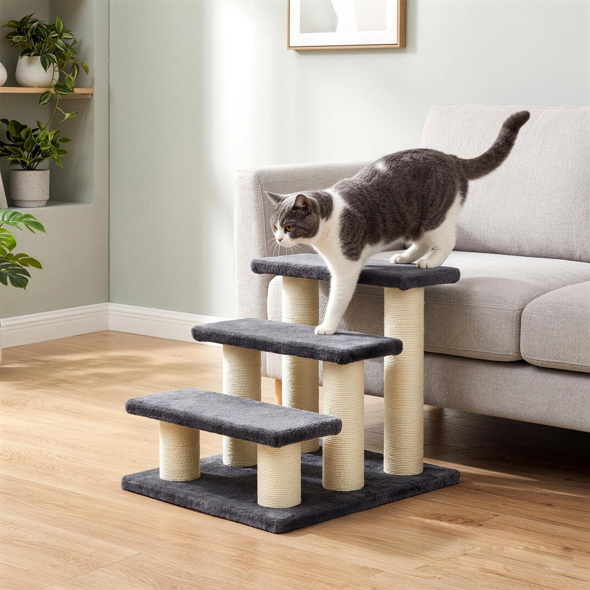 3 Tier Pet Stairs Dog Cat 3 Steps Kitty Scratching Post Cat Scratch Furniture Dark Grey