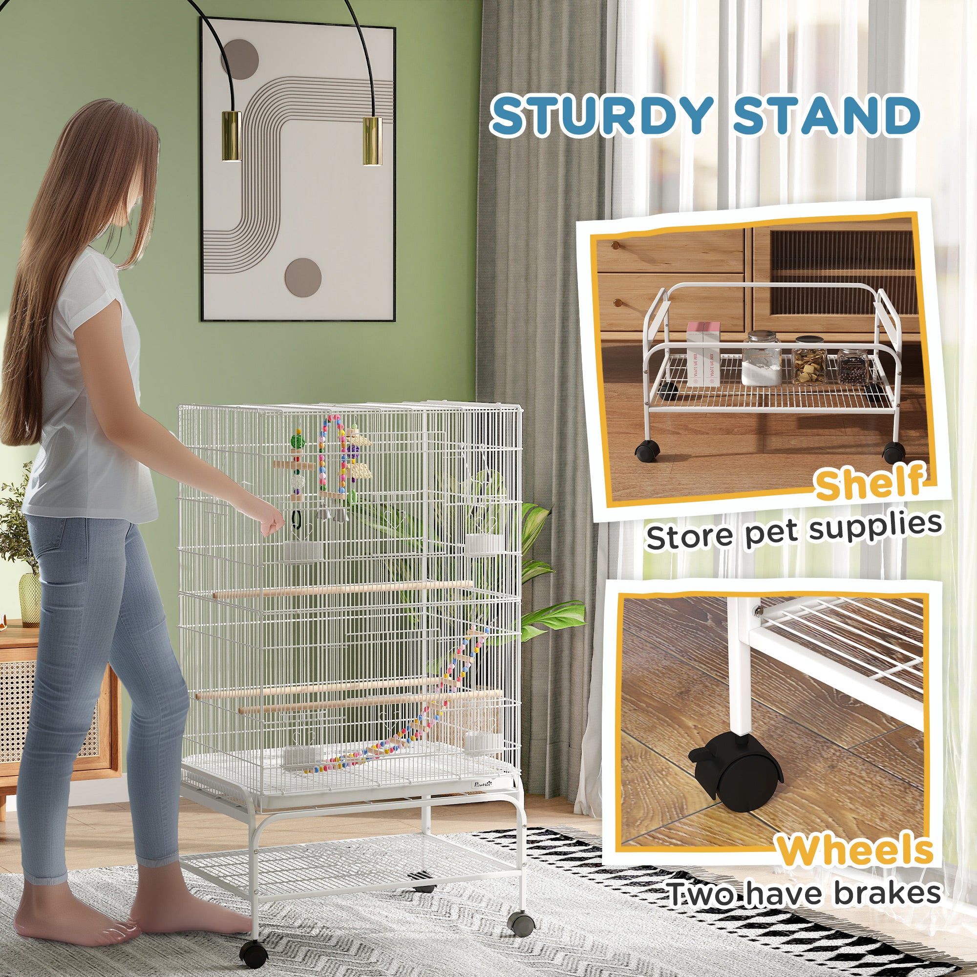 43" Bird Cage for Budgies Cockatiels Canaries Lovebirds Finches with Rolling Stand, Toys, Removable Tray, Storage Shelf, White