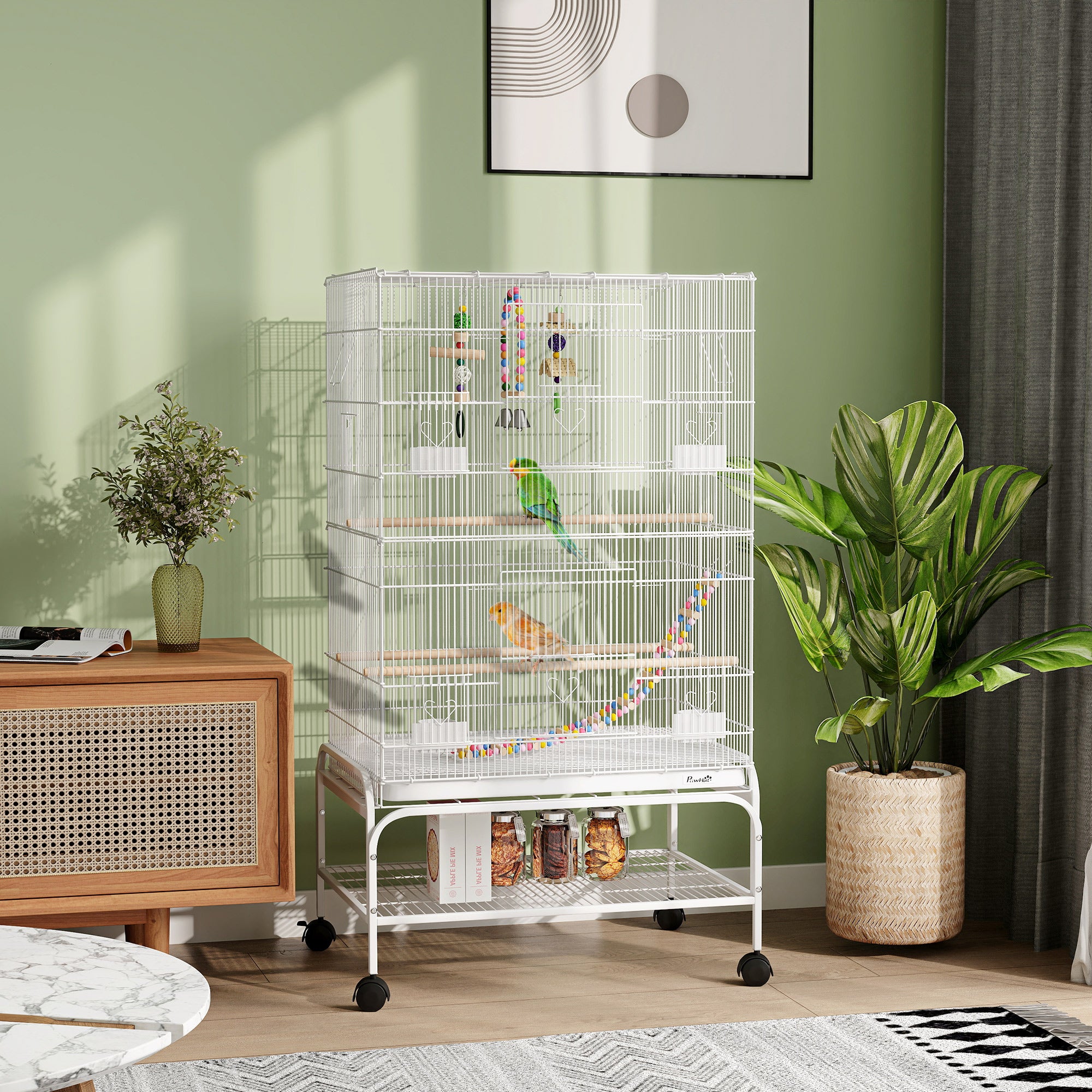 43" Bird Cage for Budgies Cockatiels Canaries Lovebirds Finches with Rolling Stand, Toys, Removable Tray, Storage Shelf, White