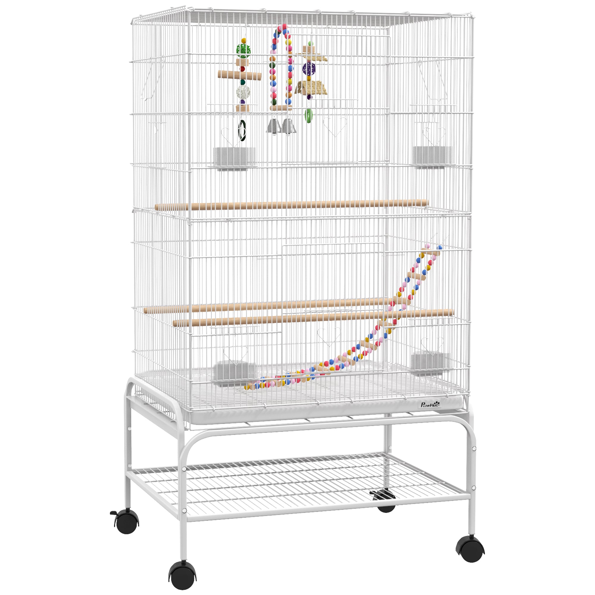 43" Bird Cage for Budgies Cockatiels Canaries Lovebirds Finches with Rolling Stand, Toys, Removable Tray, Storage Shelf, White