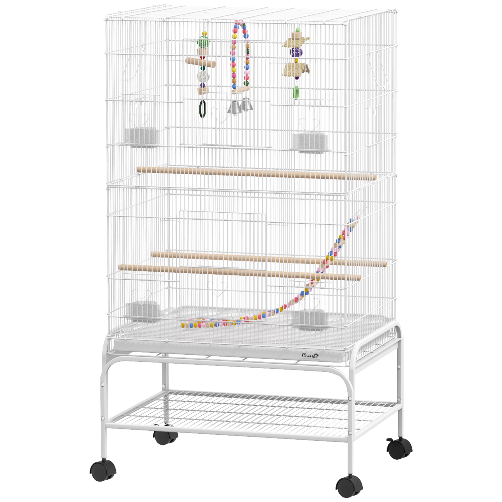 43" Bird Cage for Budgies Cockatiels Canaries Lovebirds Finches with Rolling Stand, Toys, Removable Tray, Storage Shelf, White