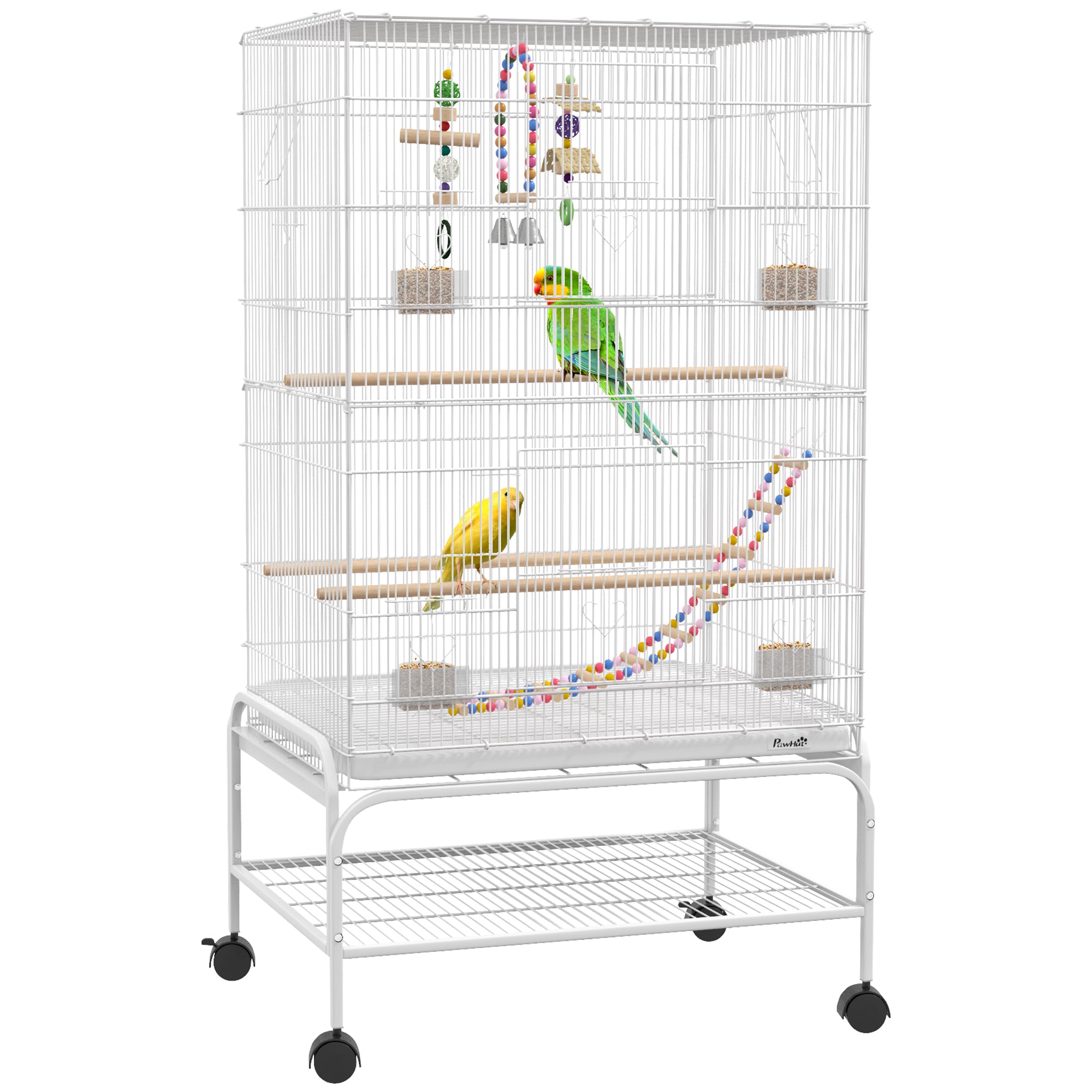 43" Bird Cage for Budgies Cockatiels Canaries Lovebirds Finches with Rolling Stand, Toys, Removable Tray, Storage Shelf, White