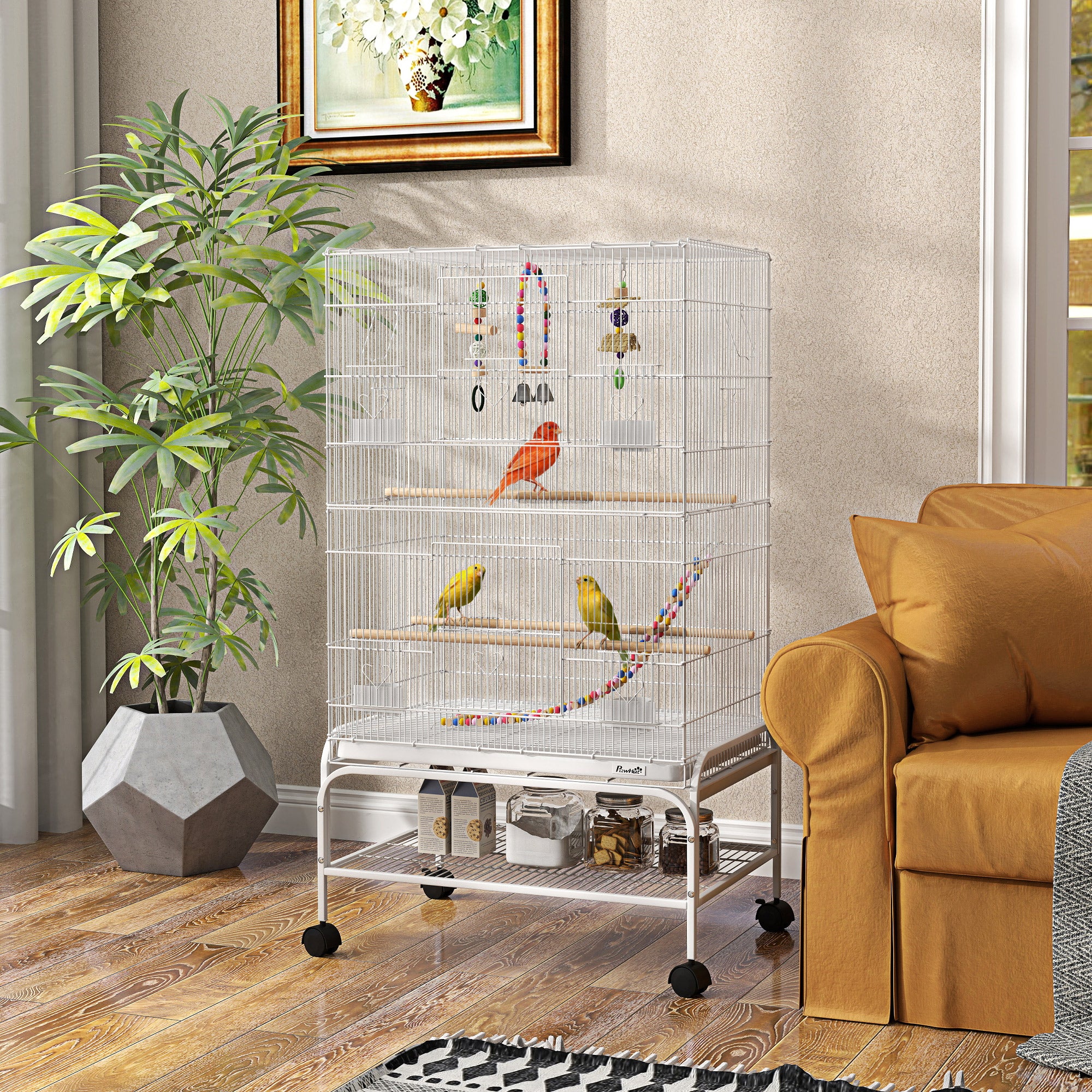 43" Bird Cage for Budgies Cockatiels Canaries Lovebirds Finches with Rolling Stand, Toys, Removable Tray, Storage Shelf, White