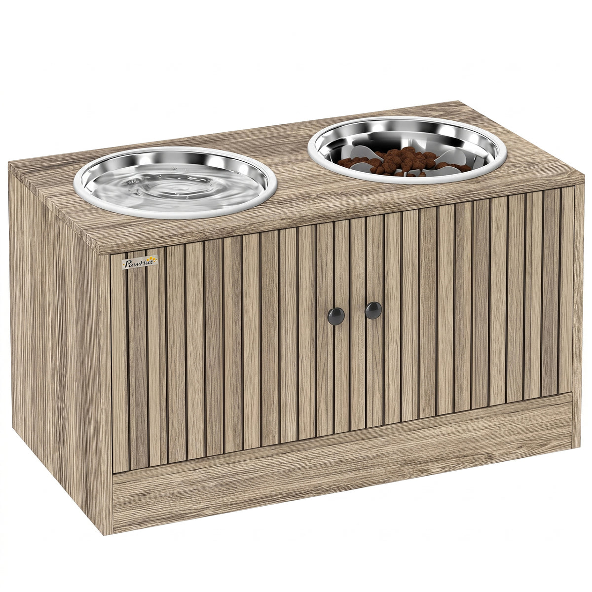 Elevated Dog Bowls with Storage Cabinet, Raised Dog Bowl Stand, Pet Feeding Station with Slow Feeder & Non-Slip, for Large Pets, Brown Wood Grain