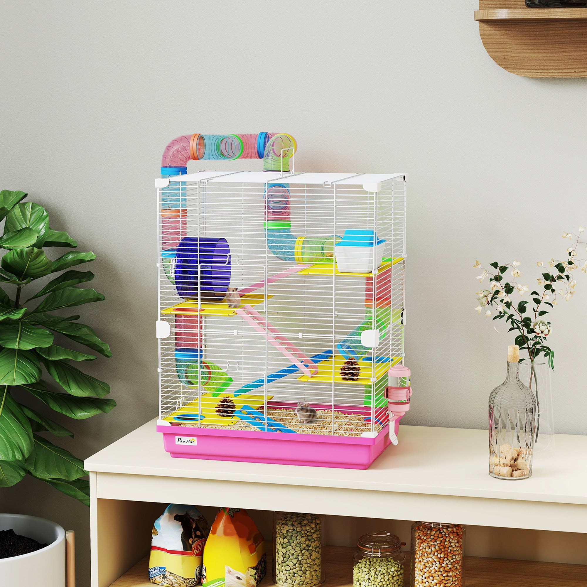 5 Tiers Hamster Cage Portable Animal Travel Carrier Habitat with Exercise Wheels Play Tube Water Bottle Dishes House Ladder for Gerbils, Pink