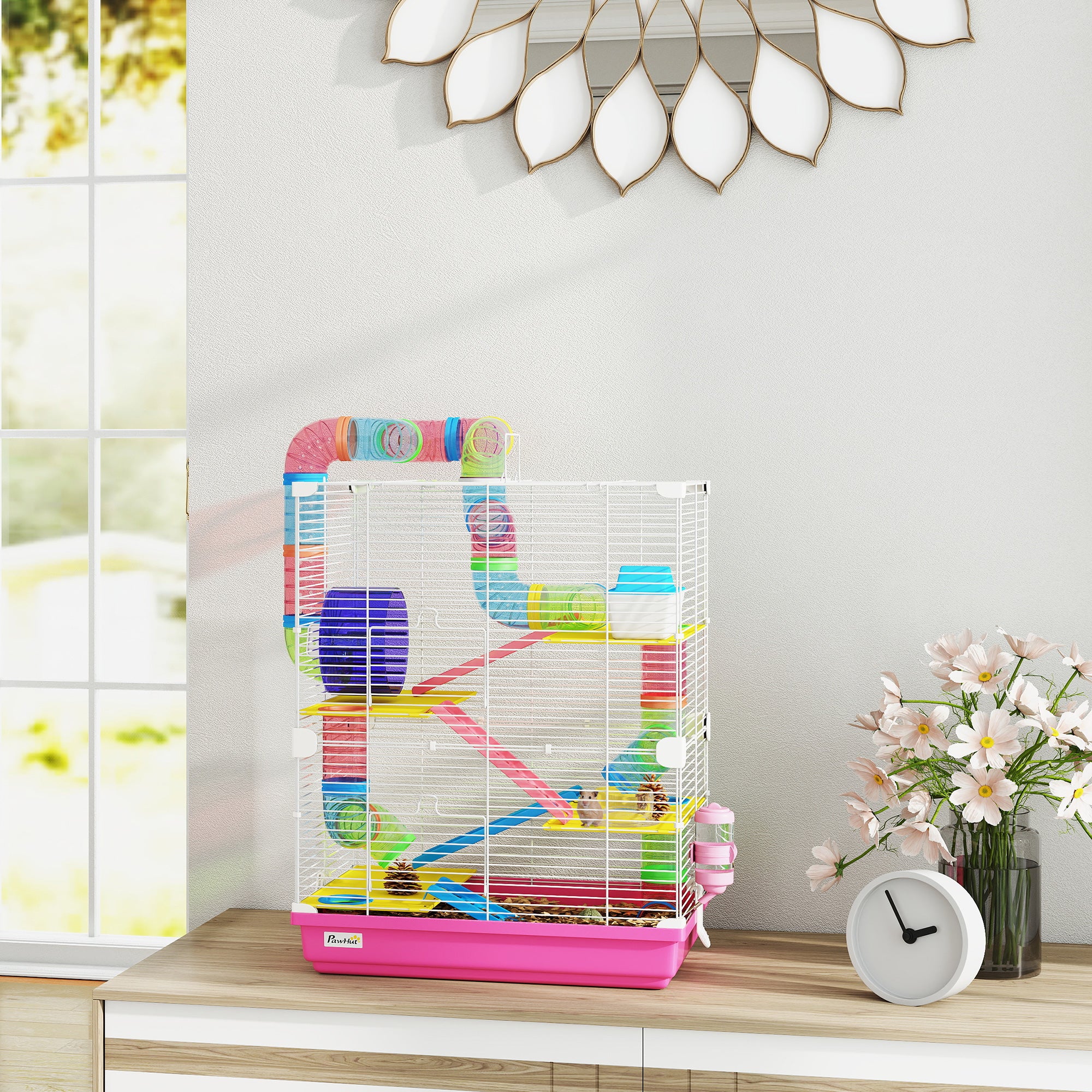 18" 5 Tier Hamster Cage with Tubes and Tunnels, Small Animal Cage with Portable Carry Handle, Gerbil Cage with Water Bottle, Food Dish, Exercise Wheel, Pink