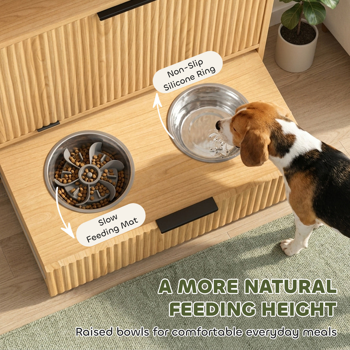 Pet Feeder Station with Storage, Dog Food Storage Container w/ 2 Raised Stainless Steel Bowls, Tilt Out Cabinet, Slow Feeder Mat for Water & Food, Pet Feeding Station for Small Medium, Oak
