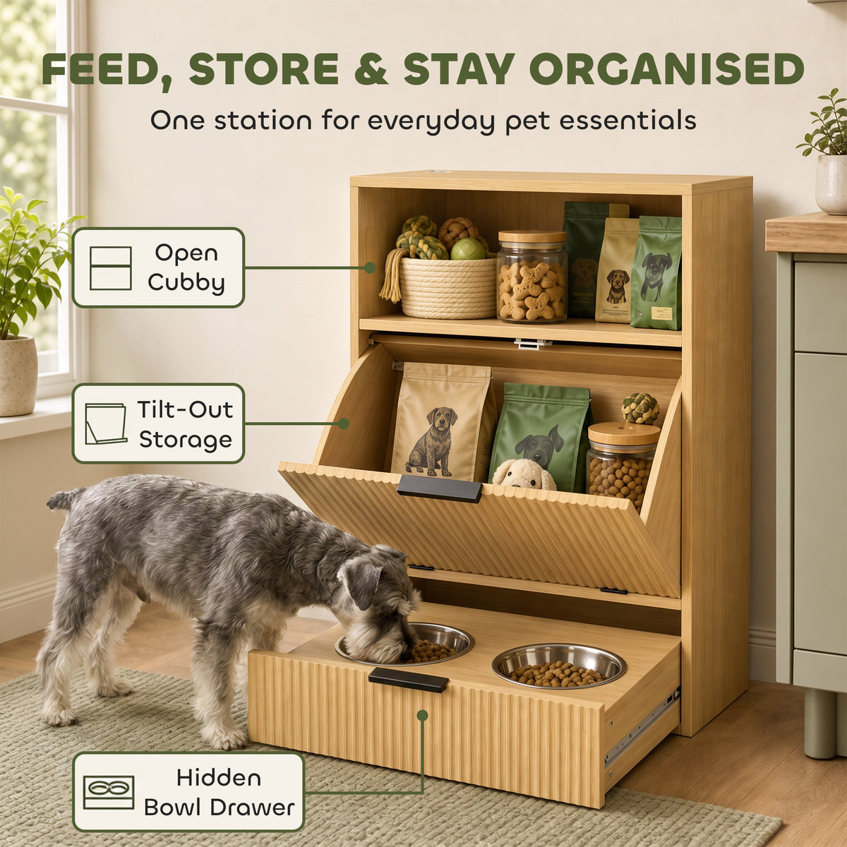 Dog Feeding Station with Storage, Hidden Pet Feeding Station with 2 Elevated Bowls, Tilt Out Storage Cabinet, Slow Feeder Mat, Dog Food Storage Cabinet for Small Medium, Oak