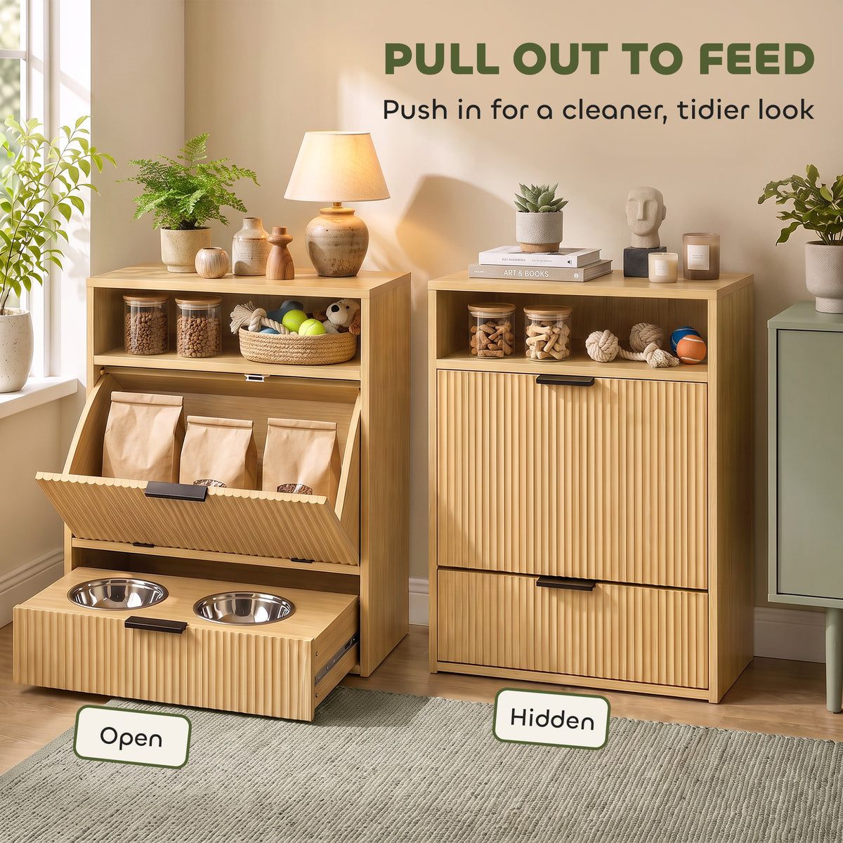 Dog Feeding Station with Storage, Hidden Pet Feeding Station with 2 Elevated Bowls, Tilt Out Storage Cabinet, Slow Feeder Mat, Dog Food Storage Cabinet for Small Medium, Oak