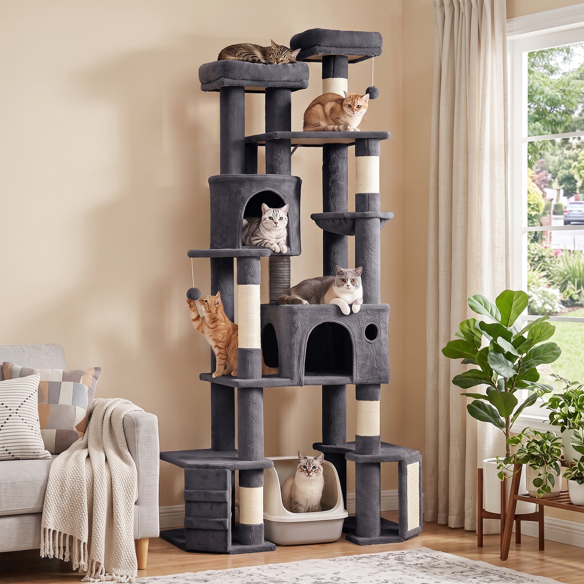 Extra Large Cat Tree Tower with Dual Baseboard, 79-Inch Heavy Duty Cat Tree for Indoor Large Adult Big Kittens with 5 Scratching Posts, 2 Condos, 2 Top Perches, Hammock, Self-Grooming Brush