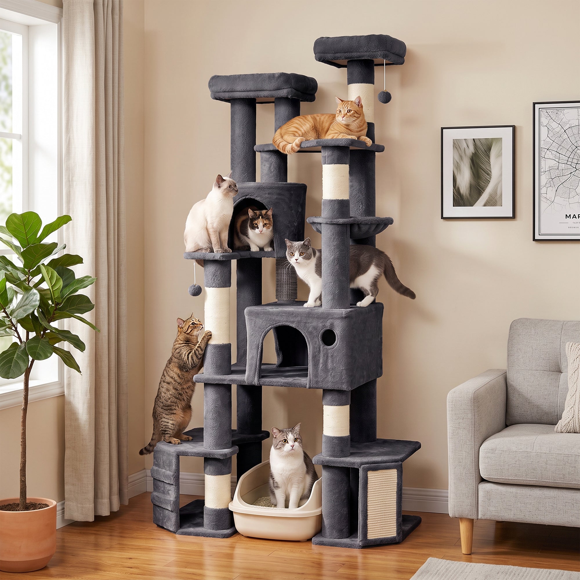 Extra Large Cat Tree Tower with Dual Baseboard, 79-Inch Heavy Duty Cat Tree for Indoor Large Adult Big Kittens with 5 Scratching Posts, 2 Condos, 2 Top Perches, Hammock, Self-Grooming Brush