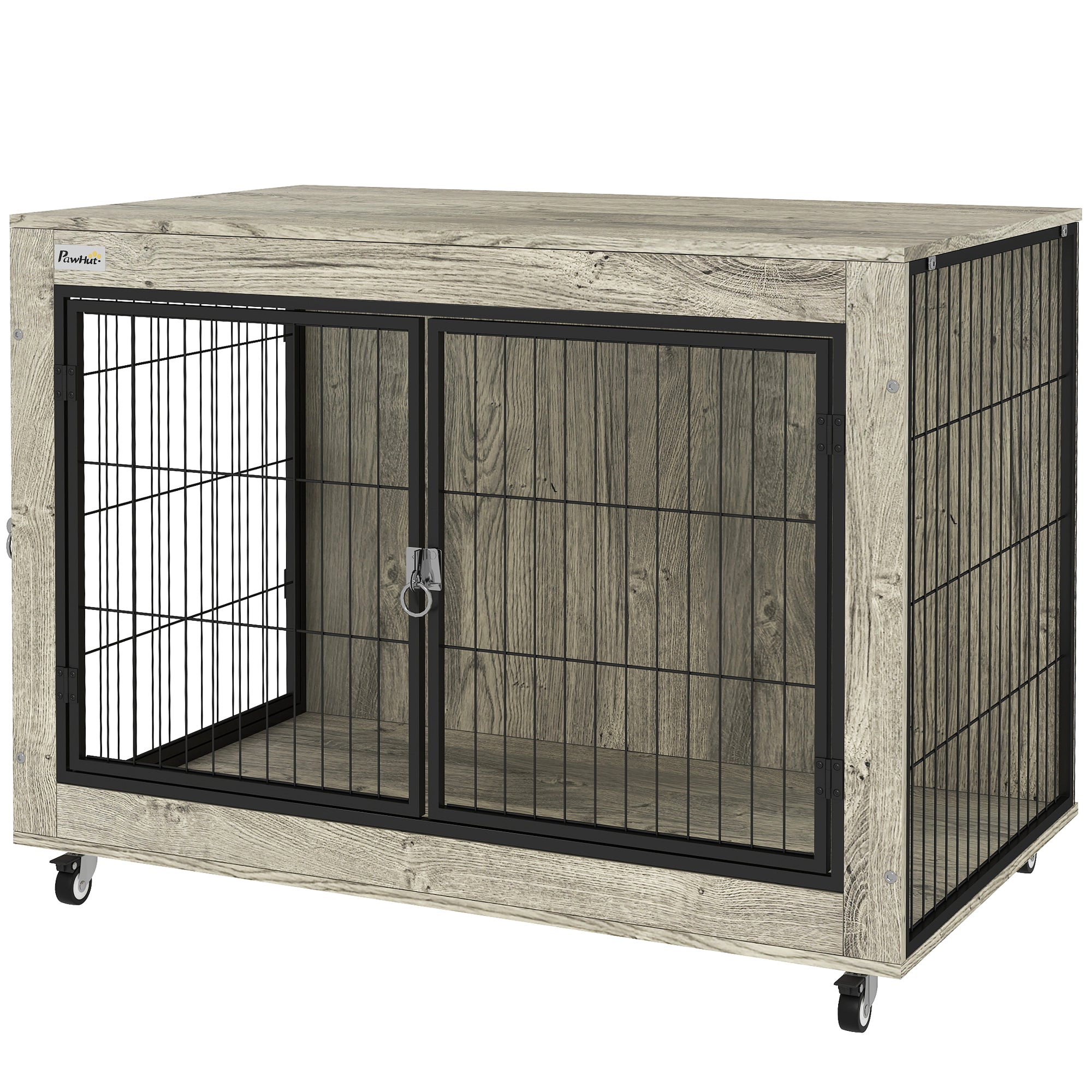 PawHut 39" Dog Crate Furniture with Wheels, Dog Kennel Furniture with Interchangeable Side Door, Dog Cage End Table for Large Dogs, Gray