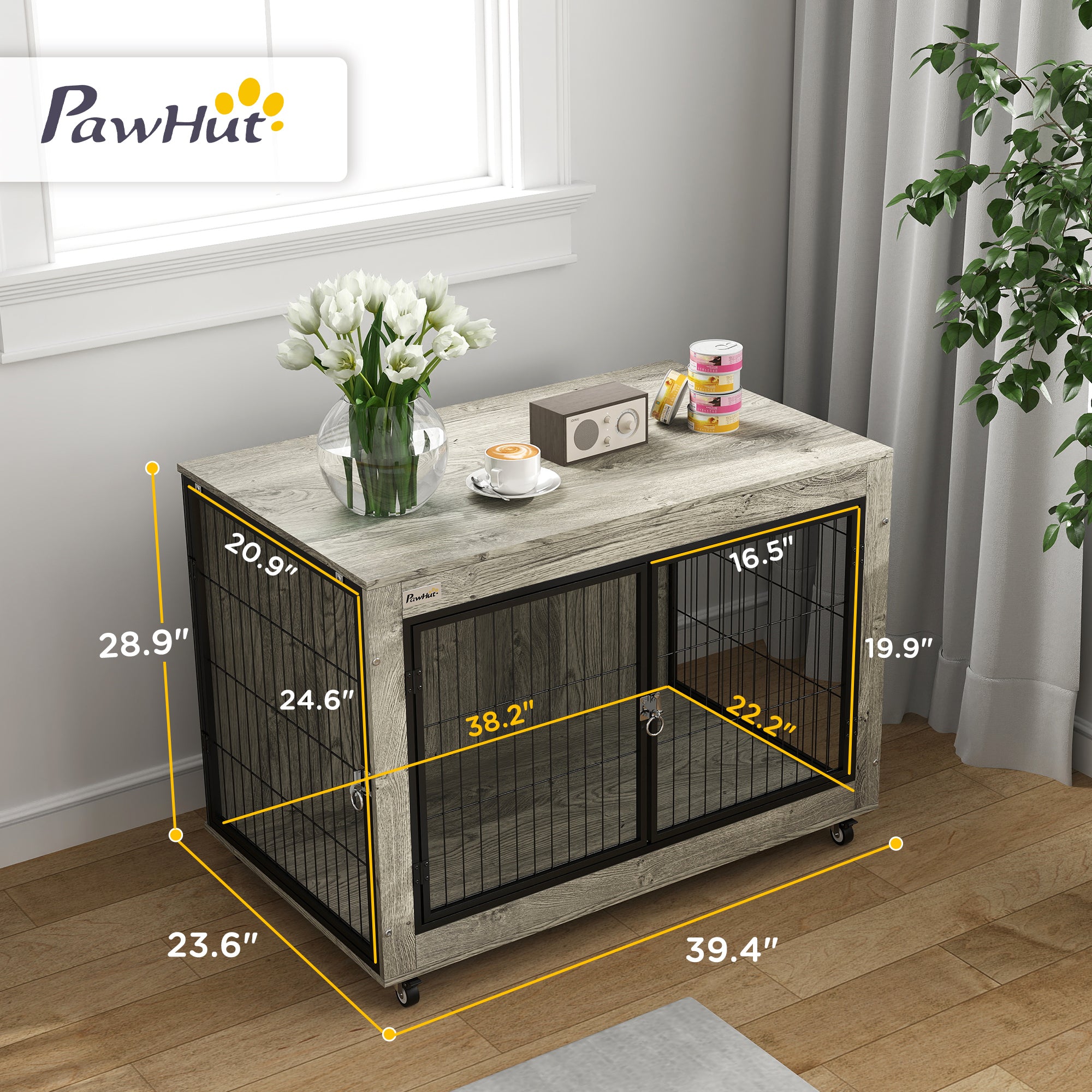 PawHut 39" Dog Crate Furniture with Wheels, Dog Kennel Furniture with Interchangeable Side Door, Dog Cage End Table for Large Dogs, Gray