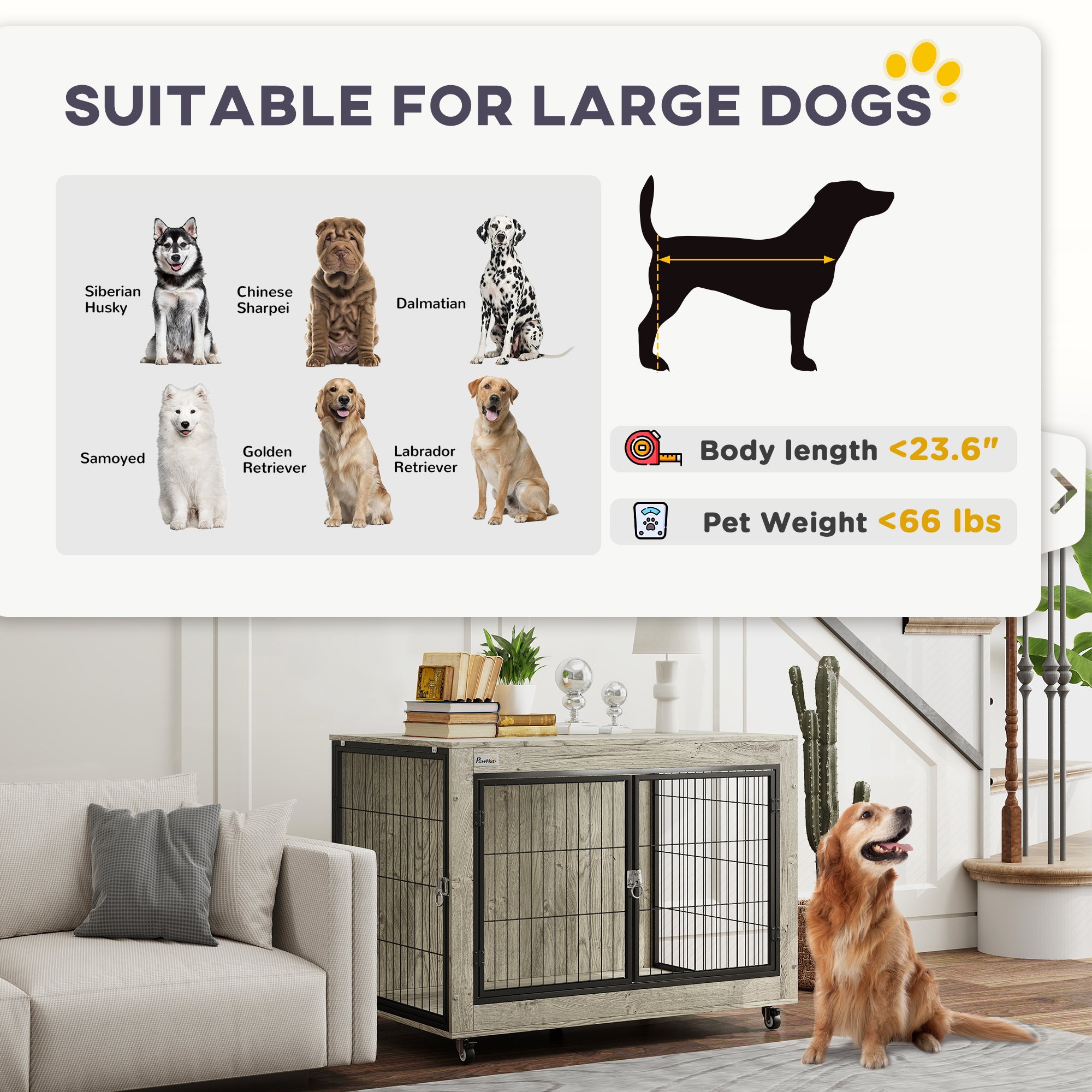 PawHut 39" Dog Crate Furniture with Wheels, Dog Kennel Furniture with Interchangeable Side Door, Dog Cage End Table for Large Dogs, Gray