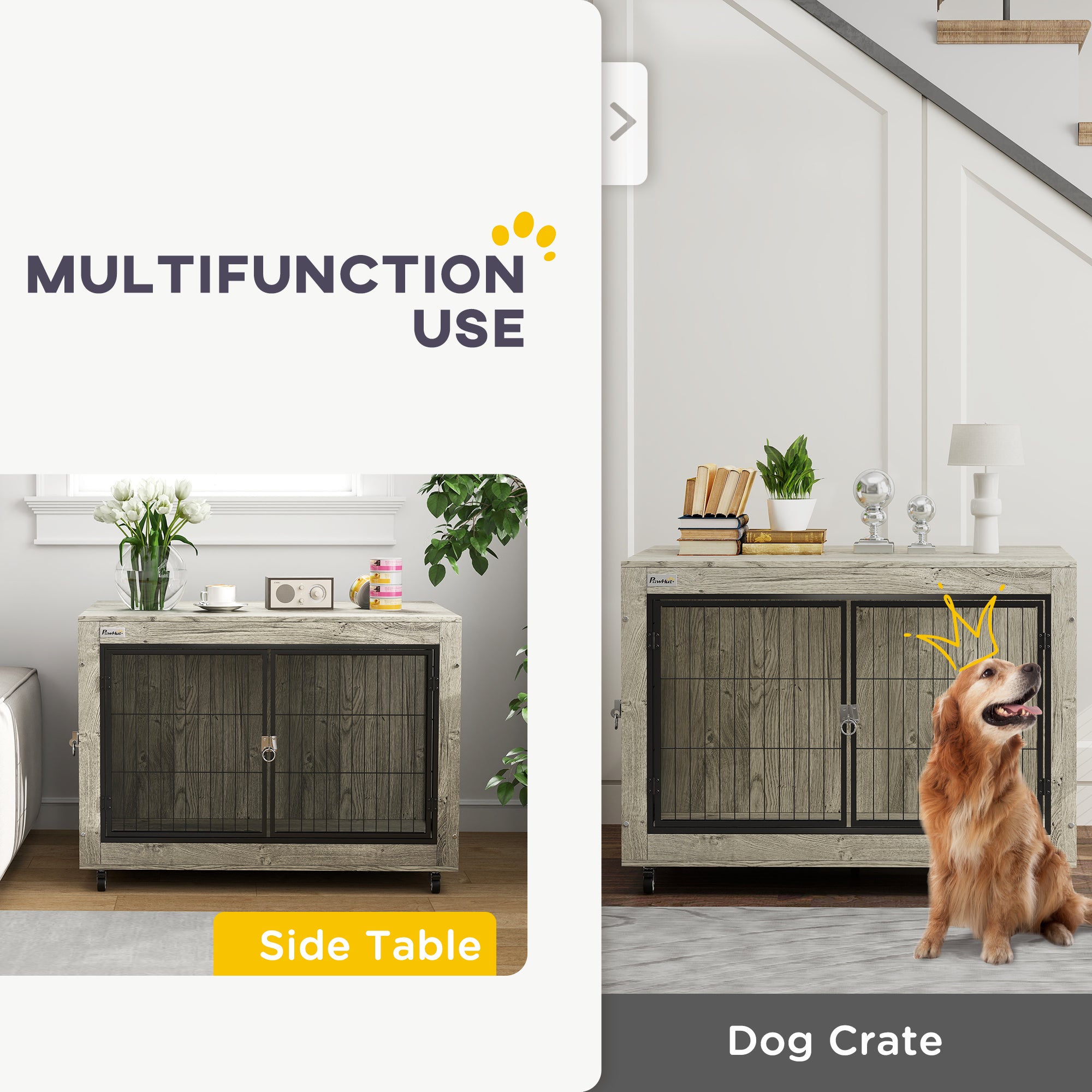 PawHut 39" Dog Crate Furniture with Wheels, Dog Kennel Furniture with Interchangeable Side Door, Dog Cage End Table for Large Dogs, Gray