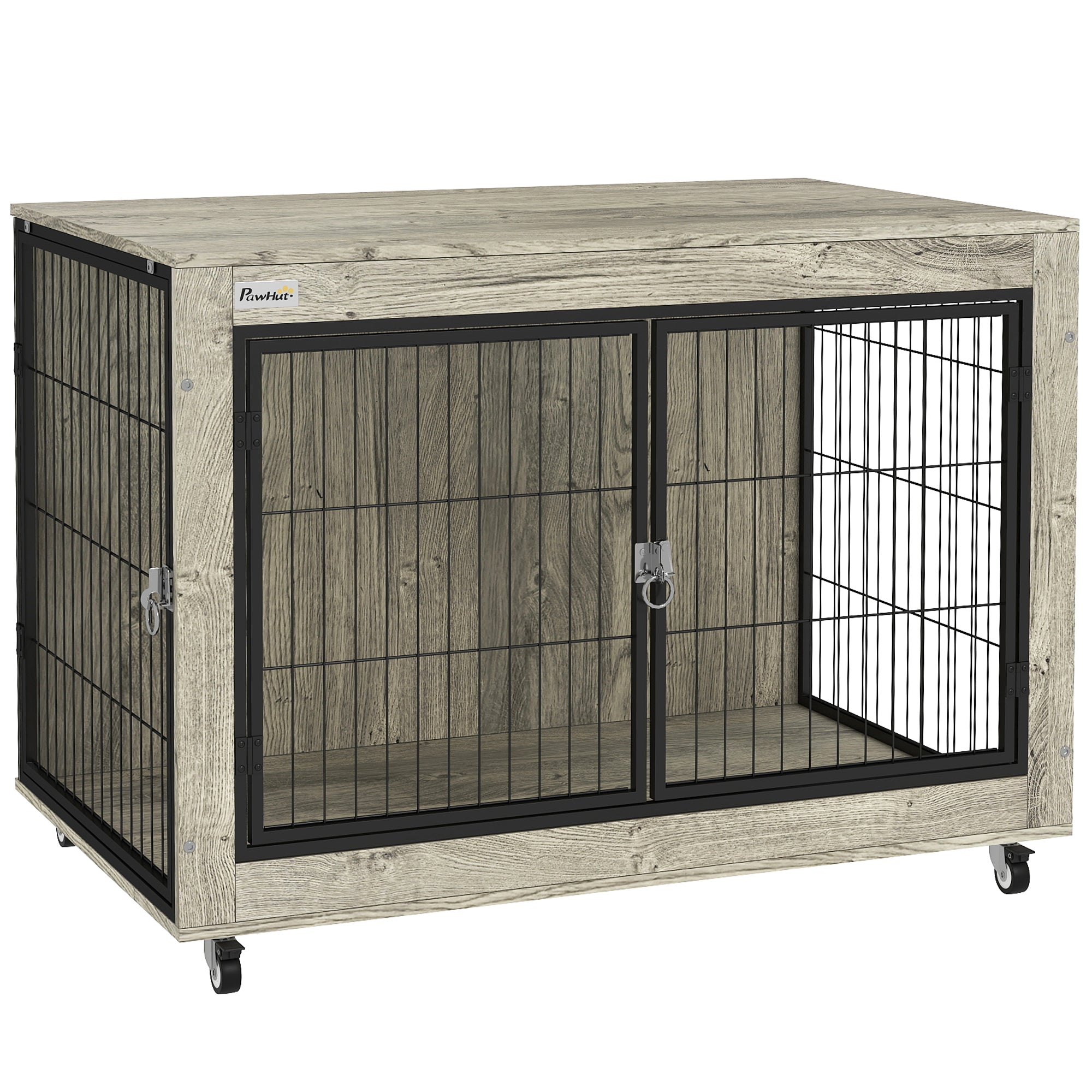 PawHut 39" Dog Crate Furniture with Wheels, Dog Kennel Furniture with Interchangeable Side Door, Dog Cage End Table for Large Dogs, Gray
