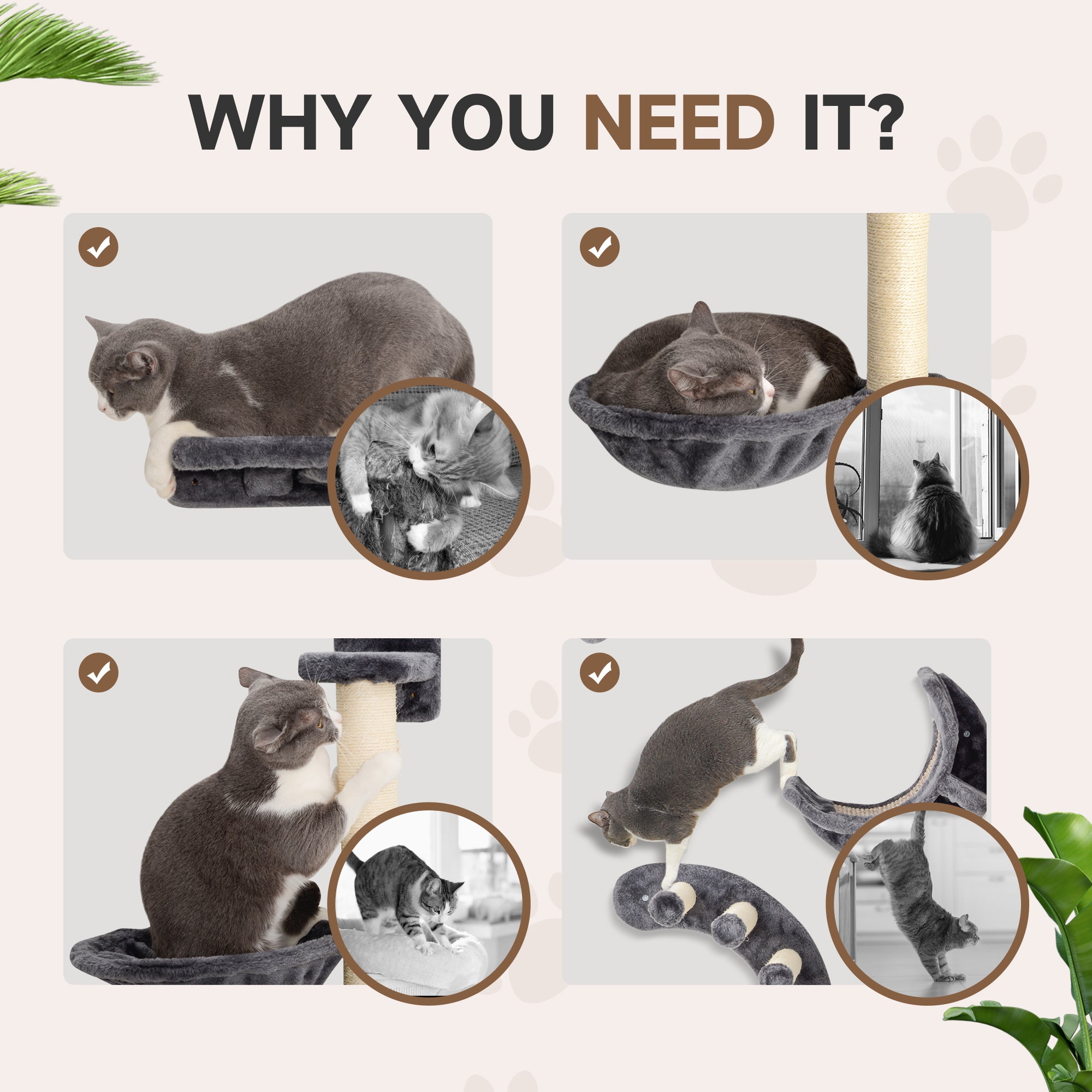 4Pcs Cat Wall Shelf with Scratching Post, Cat Wall Shelves for Relaxing, Climbing, Cat Wall With Soft Ladder, Hammock, Play Balls, Dark Grey