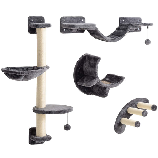 4Pcs Cat Wall Shelf with Scratching Post, Cat Wall Shelves for Relaxing, Climbing, Cat Wall With Soft Ladder, Hammock, Play Balls, Dark Grey