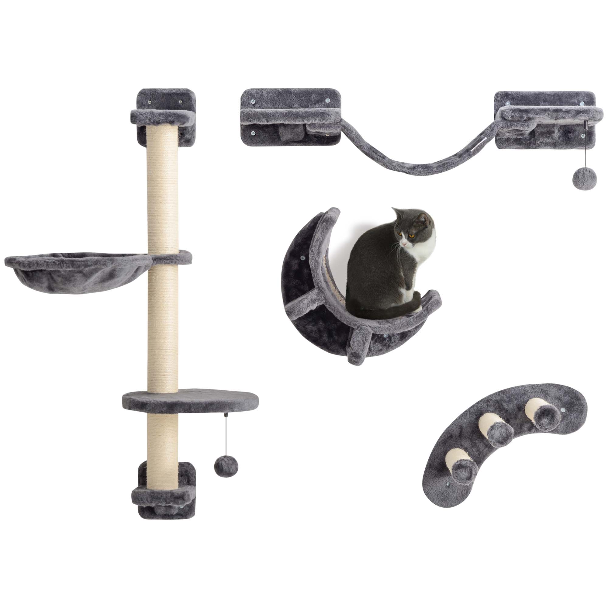 4Pcs Cat Wall Shelf with Scratching Post, Cat Wall Shelves for Relaxing, Climbing, Cat Wall With Soft Ladder, Hammock, Play Balls, Dark Grey