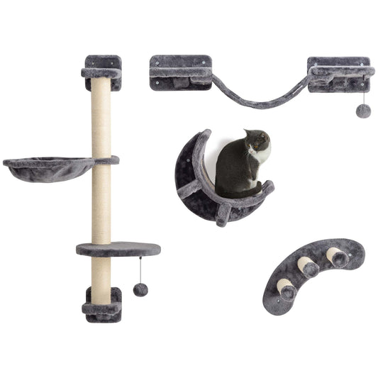 4Pcs Cat Wall Shelf with Scratching Post, Cat Wall Shelves for Relaxing, Climbing, Cat Wall With Soft Ladder, Hammock, Play Balls, Dark Grey