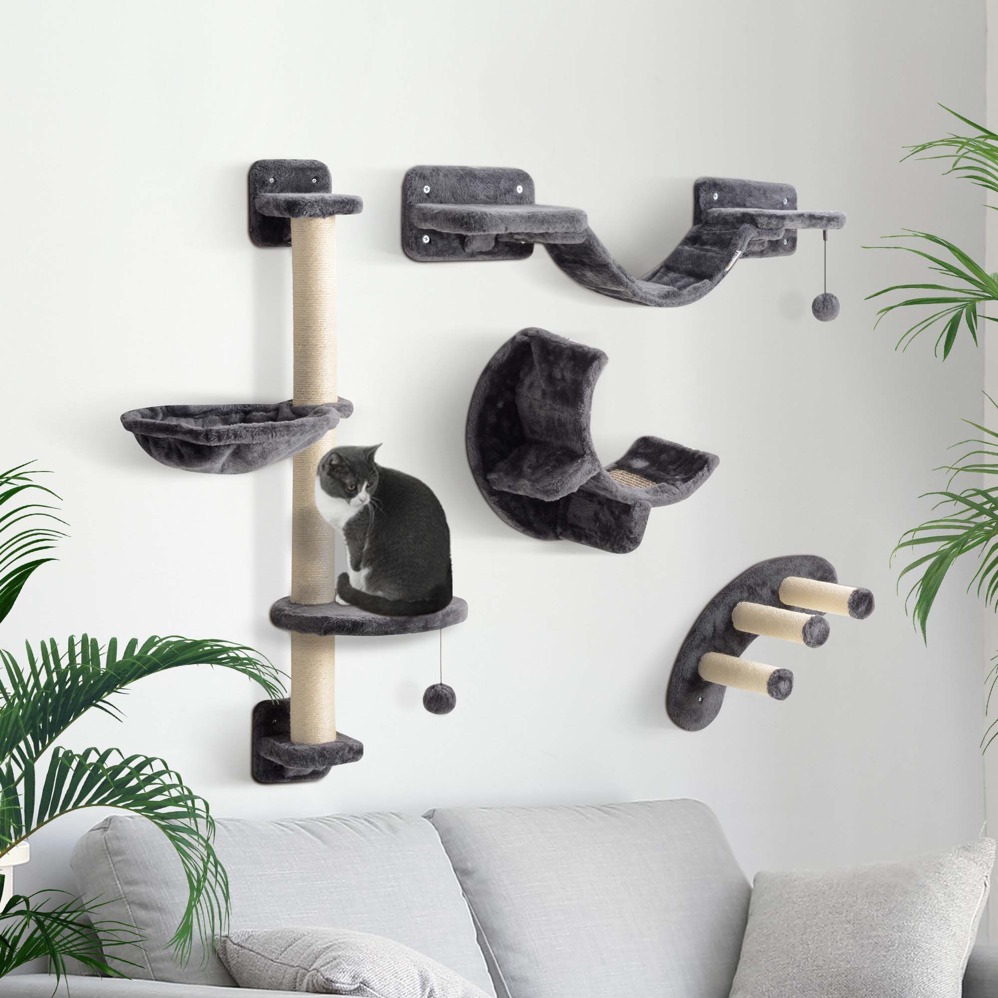 4Pcs Cat Wall Shelf with Scratching Post, Cat Wall Shelves for Relaxing, Climbing, Cat Wall With Soft Ladder, Hammock, Play Balls, Dark Grey