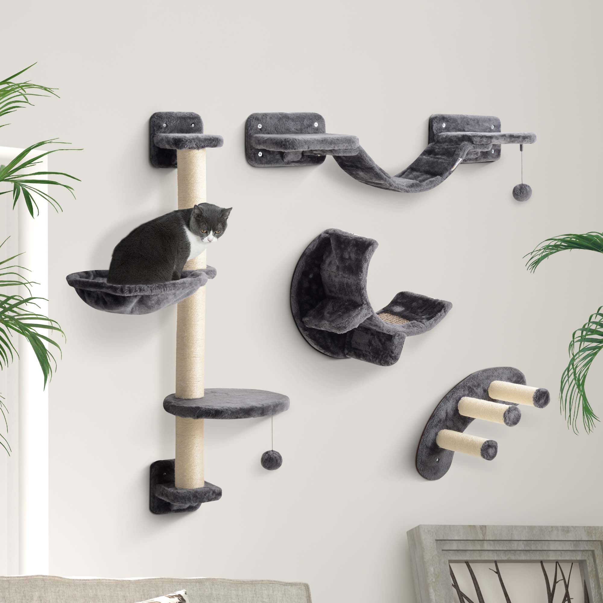 4Pcs Cat Wall Shelf with Scratching Post, Cat Wall Shelves for Relaxing, Climbing, Cat Wall With Soft Ladder, Hammock, Play Balls, Dark Grey