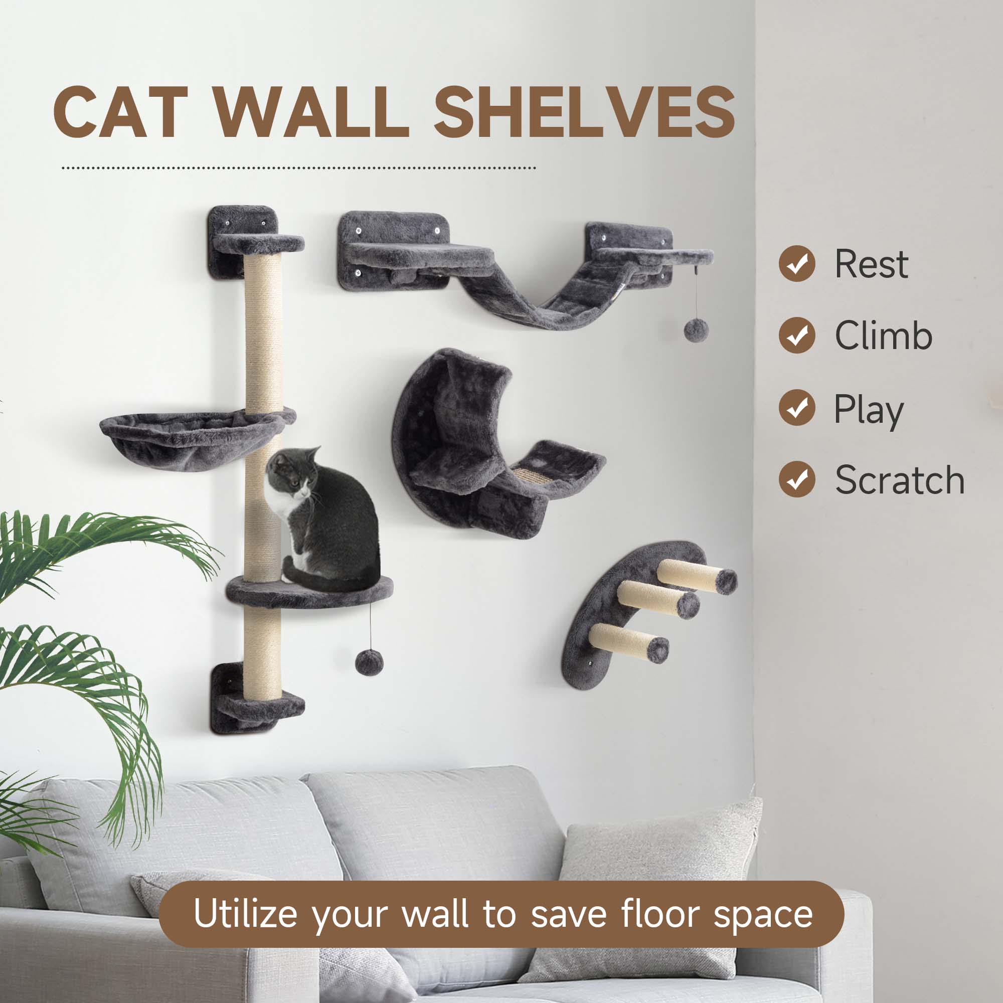 4Pcs Cat Wall Shelf with Scratching Post, Cat Wall Shelves for Relaxing, Climbing, Cat Wall With Soft Ladder, Hammock, Play Balls, Dark Grey