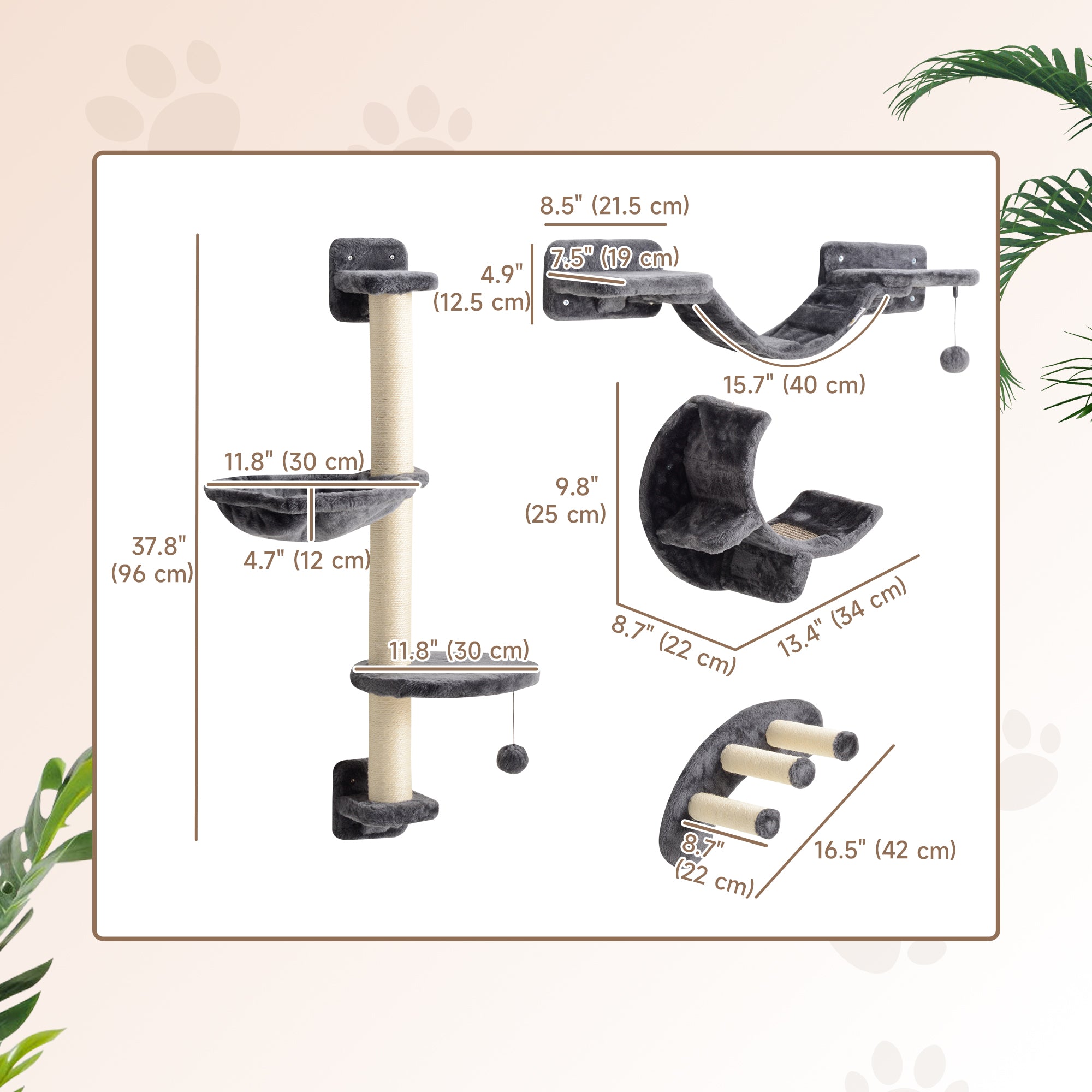 4Pcs Cat Wall Shelf with Scratching Post, Cat Wall Shelves for Relaxing, Climbing, Cat Wall With Soft Ladder, Hammock, Play Balls, Dark Grey